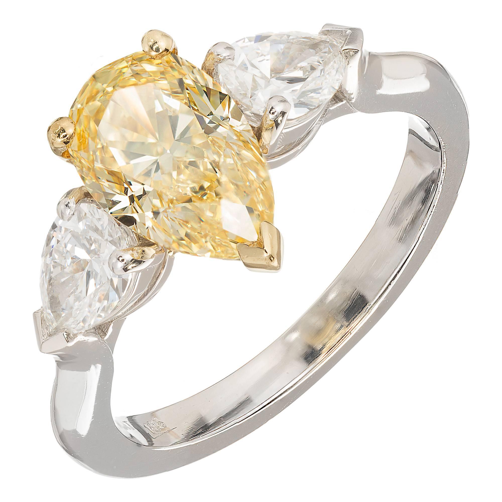 Peter Suchy 1.54 Carat Pear Yellow White Diamond Platinum Gold Engagement Ring