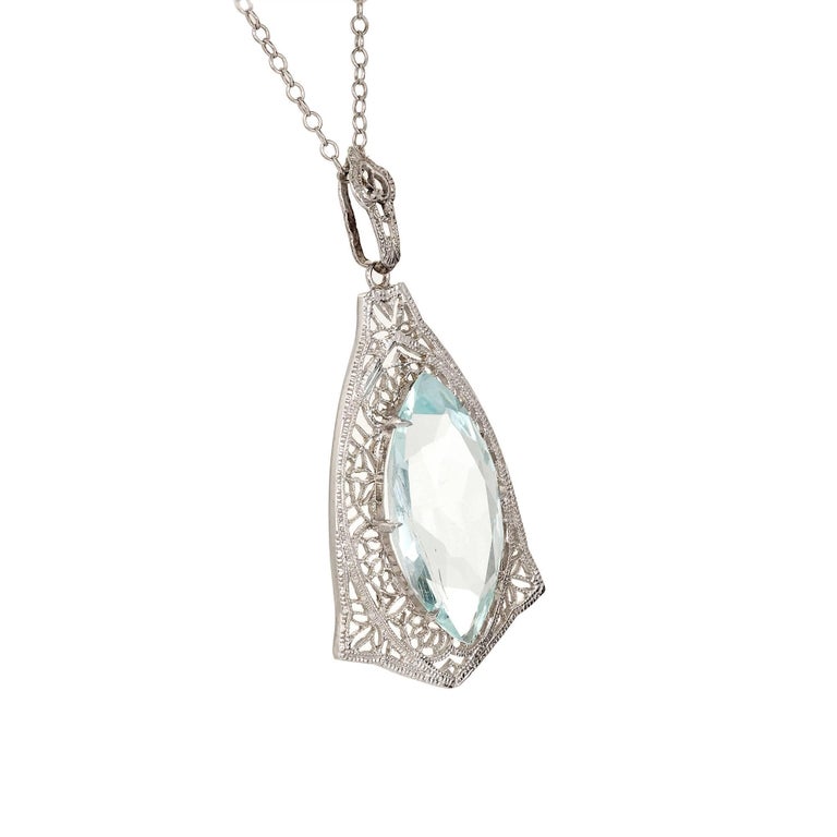 5.15 Carat Marquise Aqua Filigree White Gold Pendant Necklace For Sale ...