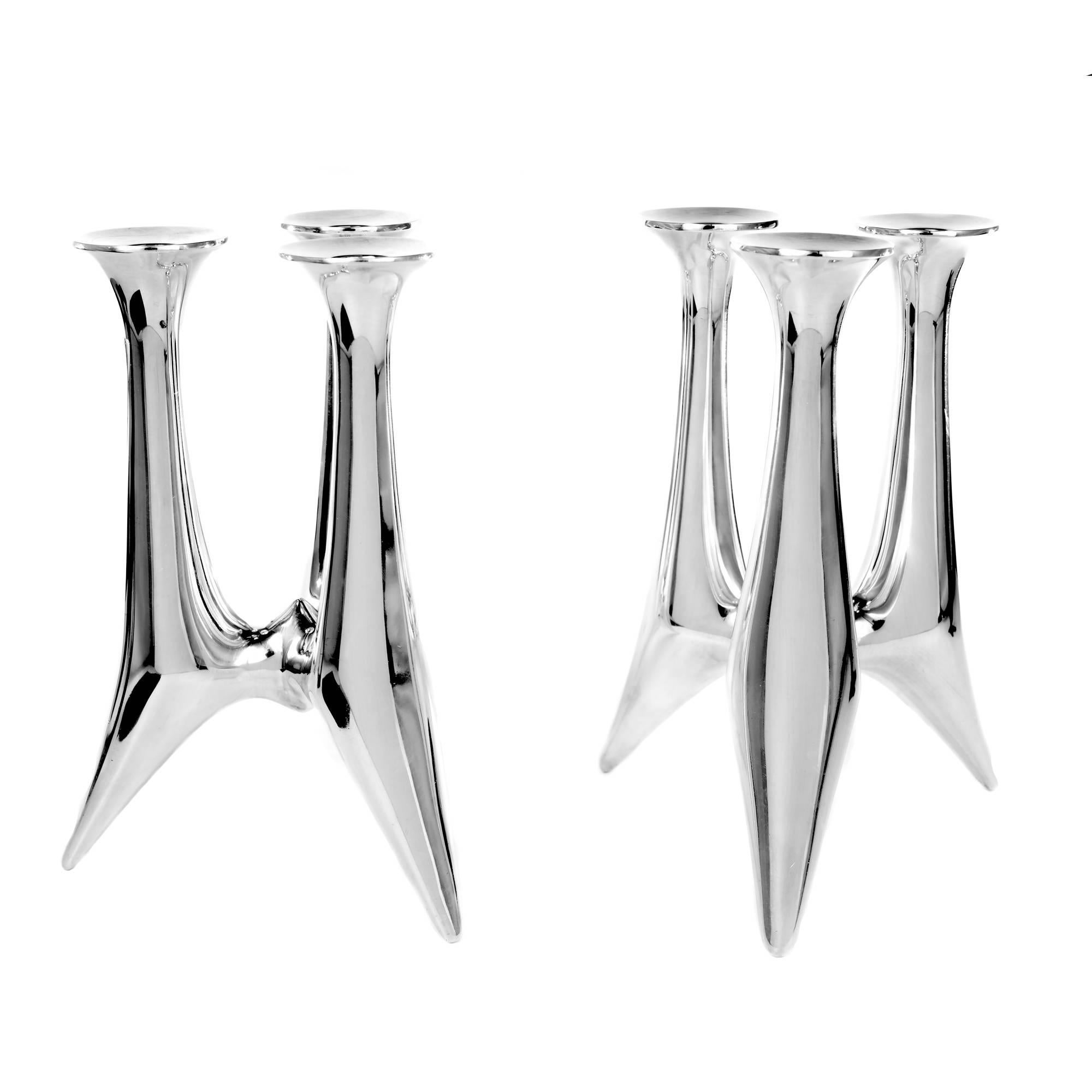 Designed by Bent Gabrielsen for Hans Hansen, Sterling Silver Candleholders. 

925 silver
Top to bottom: 7.25 inches
Width: 4.33 inches
30 ounces
Stamped: Sterling
Tested: 925 silver
Hallmark: Hans Hansen Denmark 494