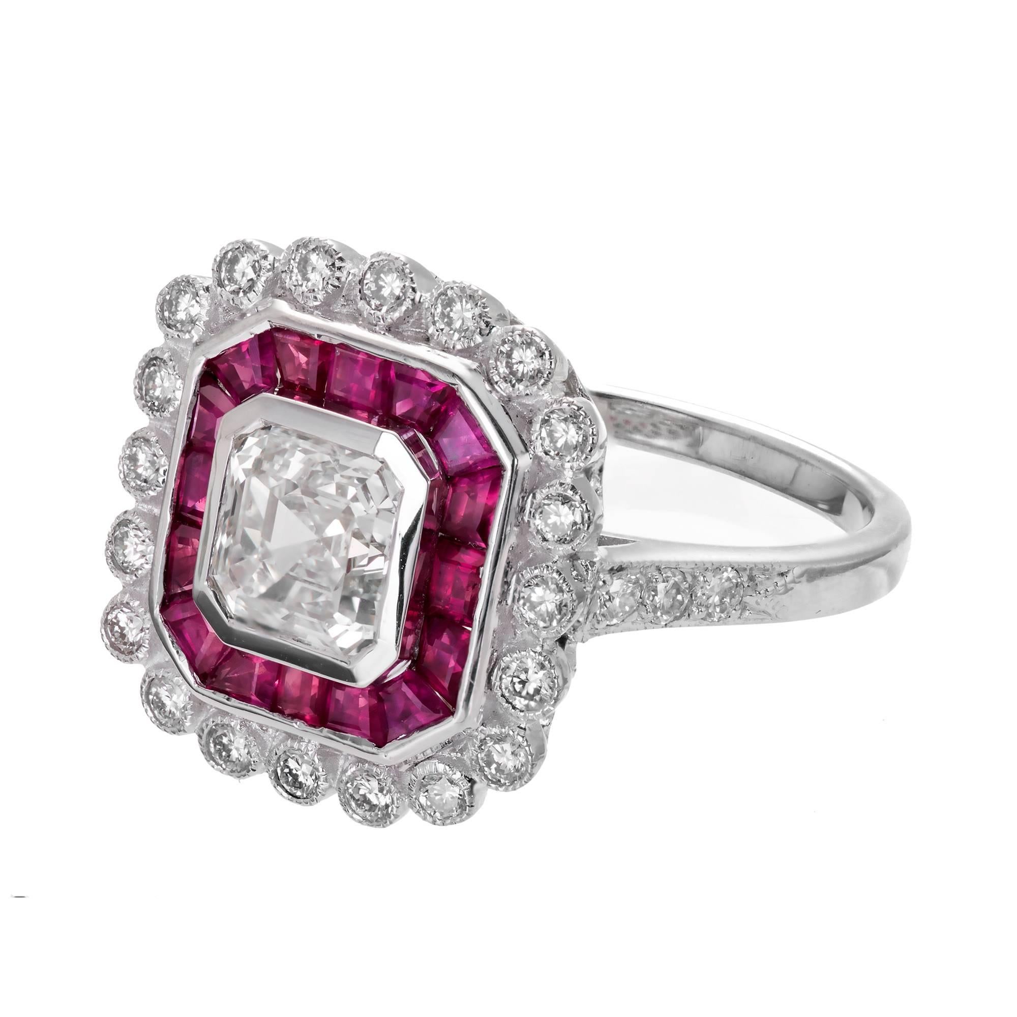  Asscher cut Diamond ring with a halo of bright pink red genuine Rubies and a halo of bright full cut Diamonds. 

1 square Emerald cut Diamond, approx. total weight 1.25cts, I, VS1, 2.27 x 1.54mm, GIA certificate #2171627520
16 custom cut bright