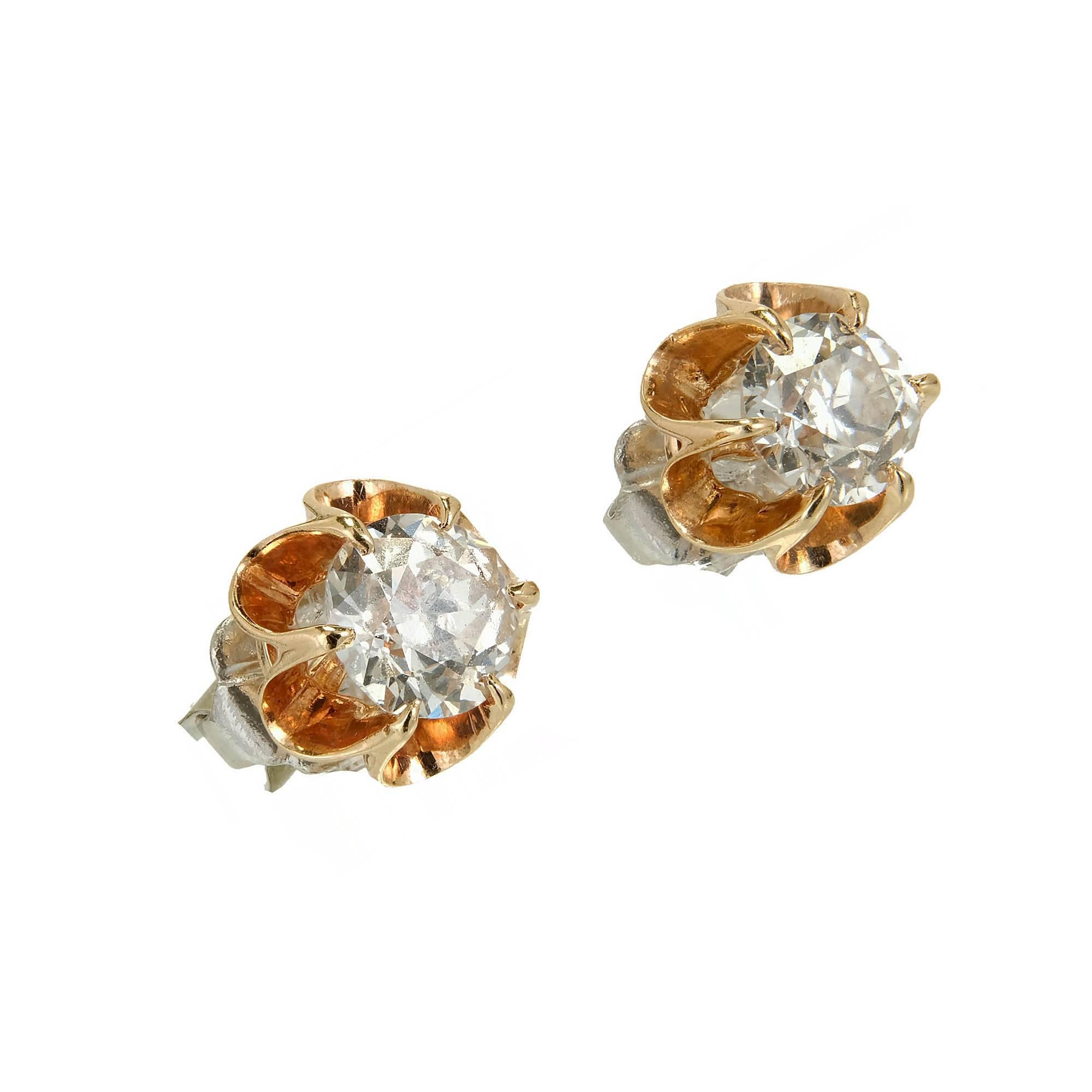 Victorian 1910 - 1920 scalloped 14k rose gold earrings with extra bright sparkly European cut diamonds and Platinum posts. 

1 old European cut diamond, approx. total weight .38ct, H-I, SI2, 4.69mm, Depth: 62.8% Table: 52%, EGL certificate