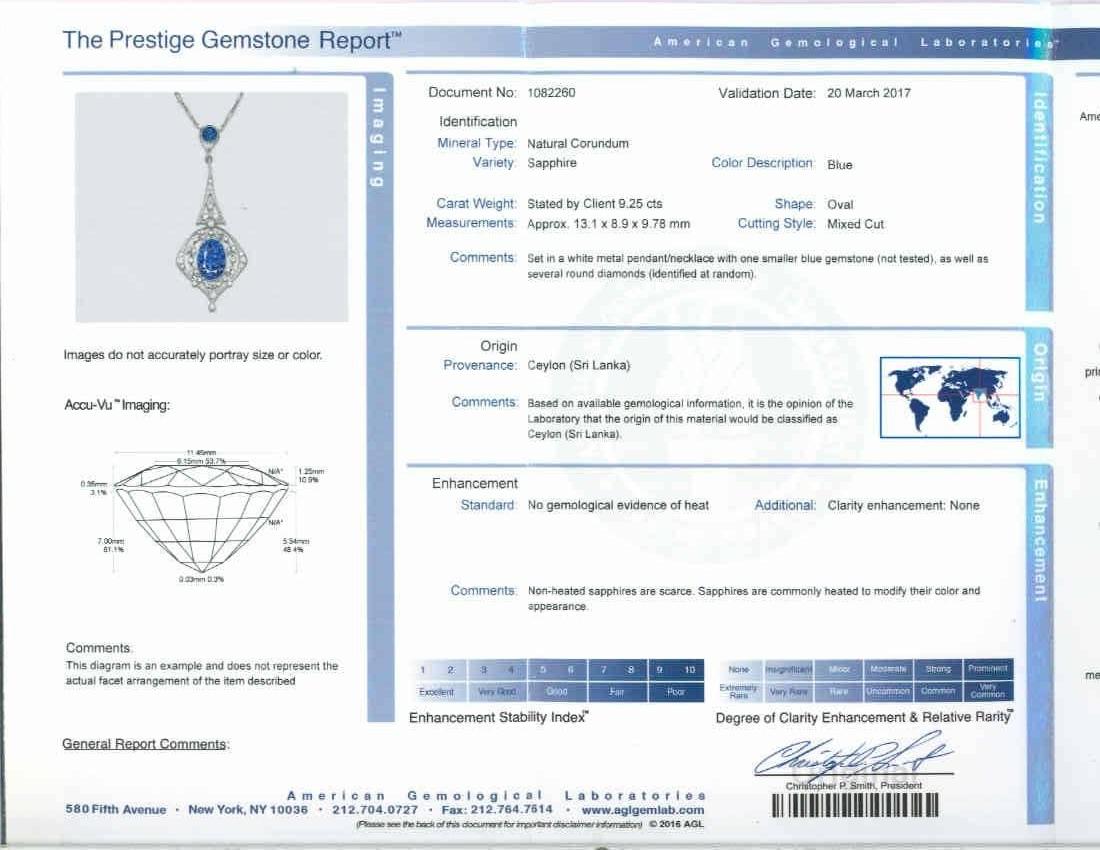 9.25 Carat Edwardian Sapphire Diamond Platinum Pendant Necklace 1