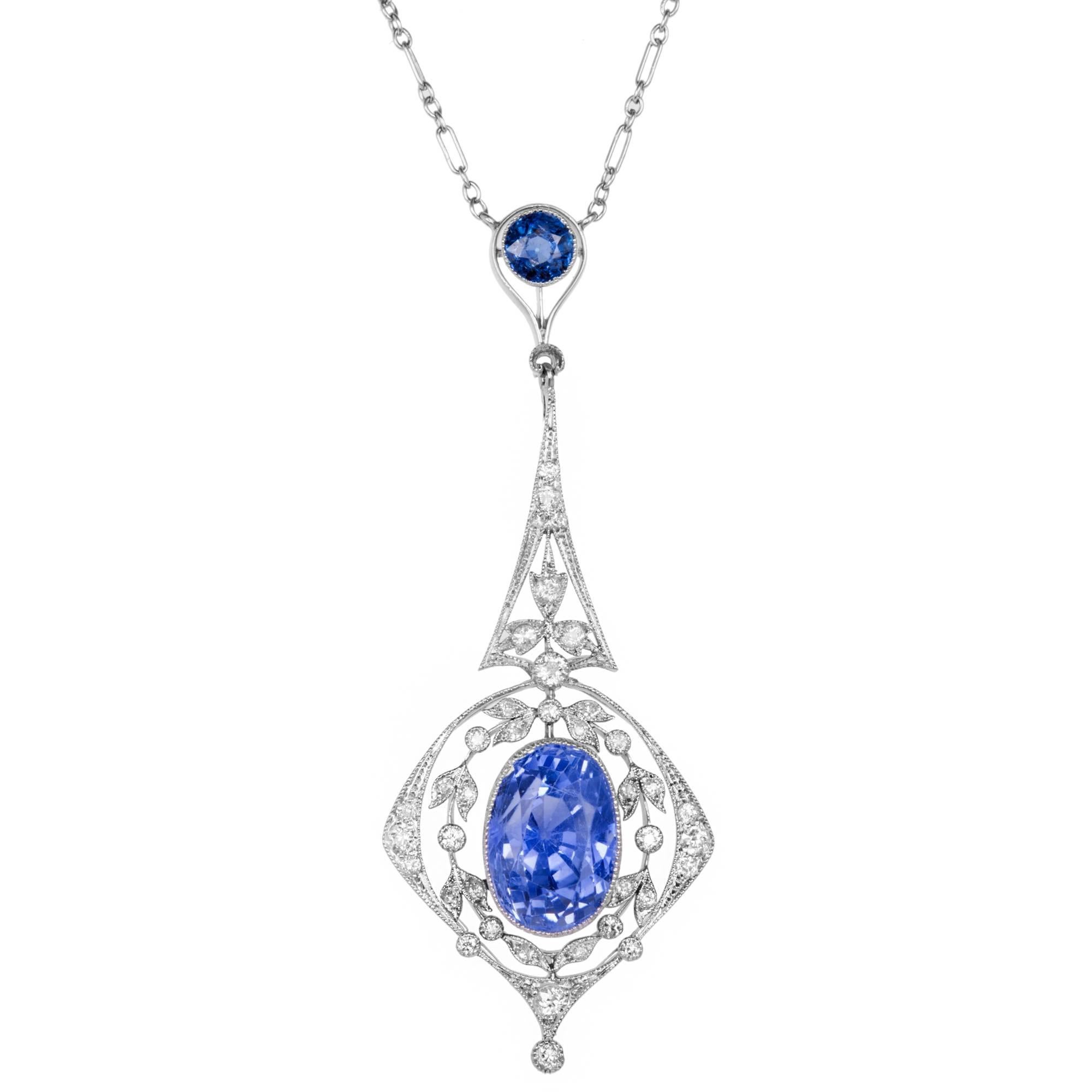 Women's 9.25 Carat Edwardian Sapphire Diamond Platinum Pendant Necklace