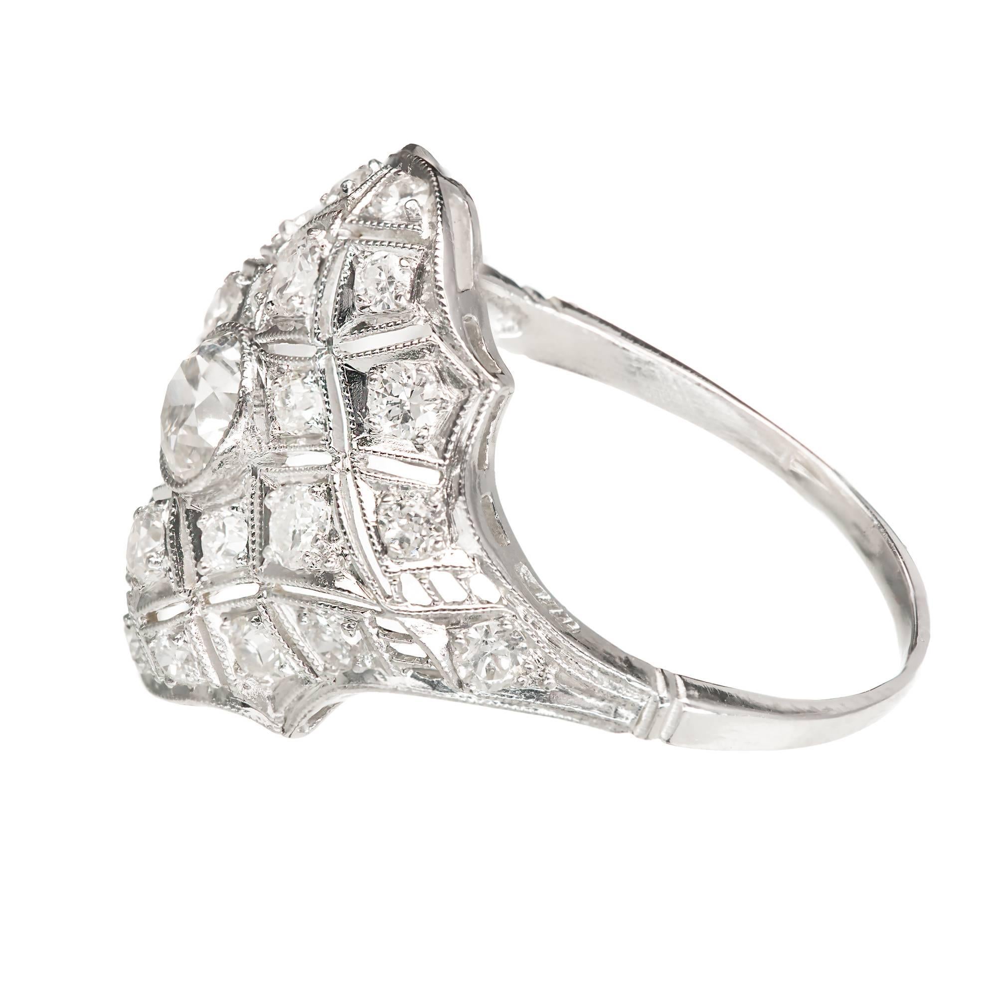 Art Deco Diamond Platinum Dome Filigree Ring 1