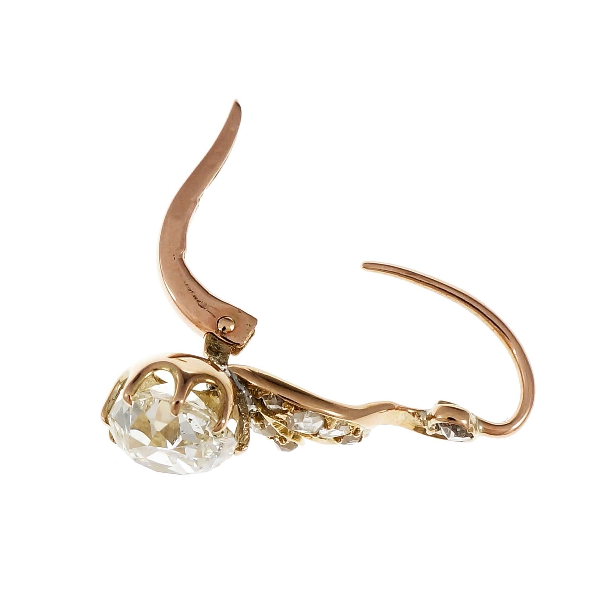 Women's EGL Certified Old Mine Cut Diamond Rose Gold Dangle Earrings