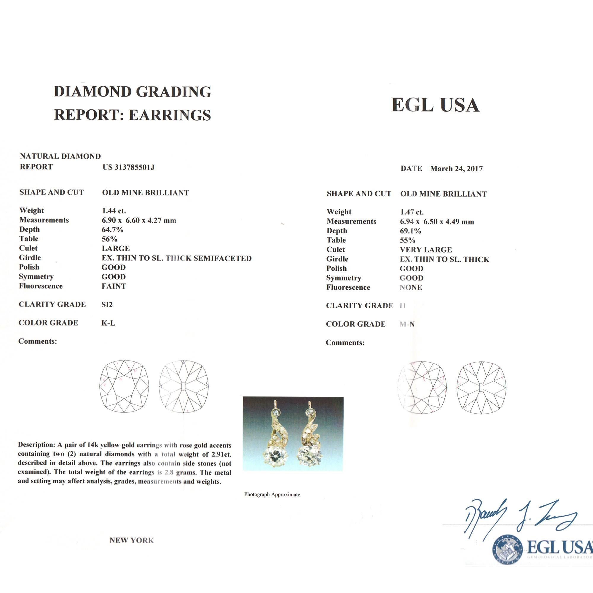 EGL Certified Old Mine Cut Diamond Rose Gold Dangle Earrings 1
