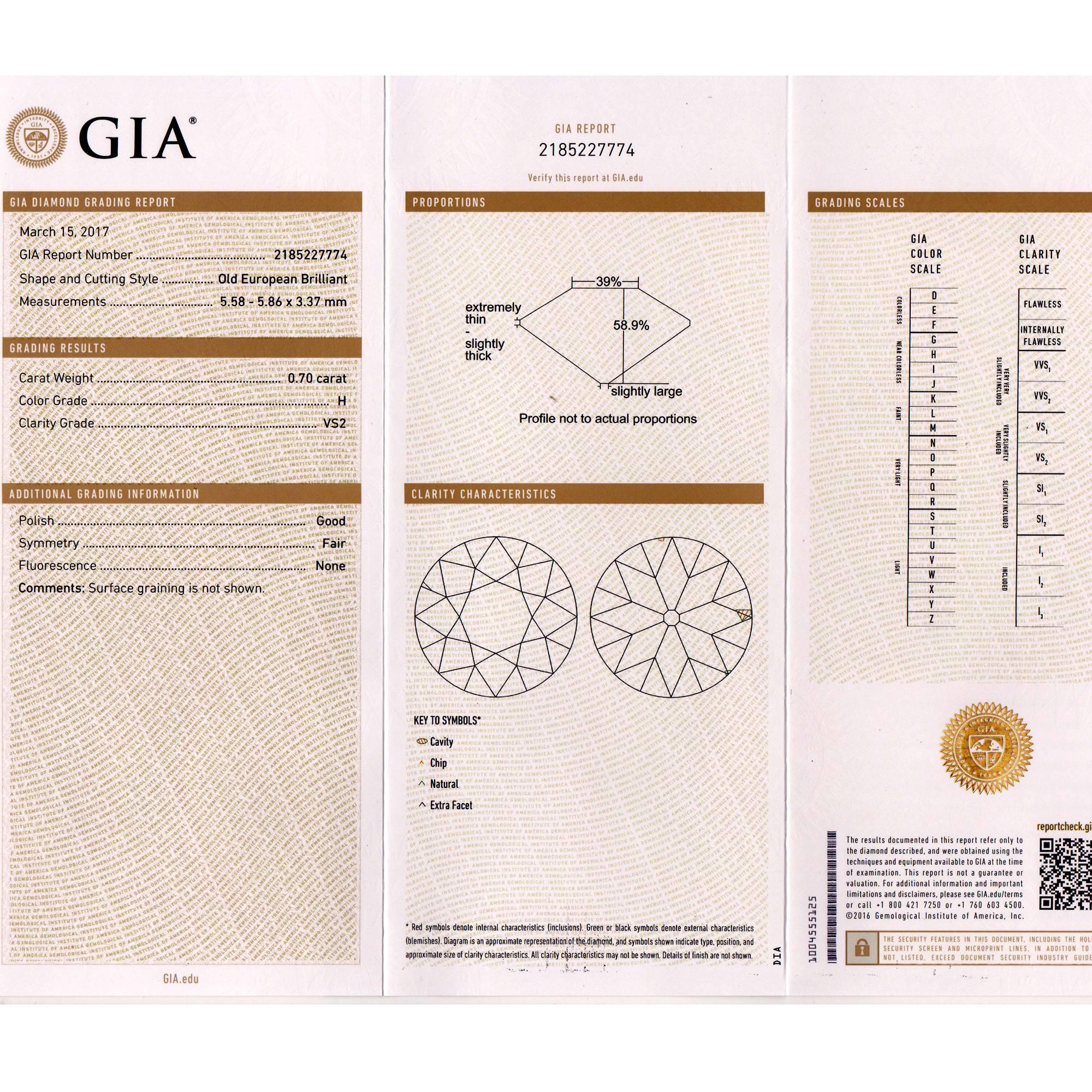 GIA-zertifizierter filigraner Platin-Verlobungsring mit .70 Karat Diamant im Angebot 2