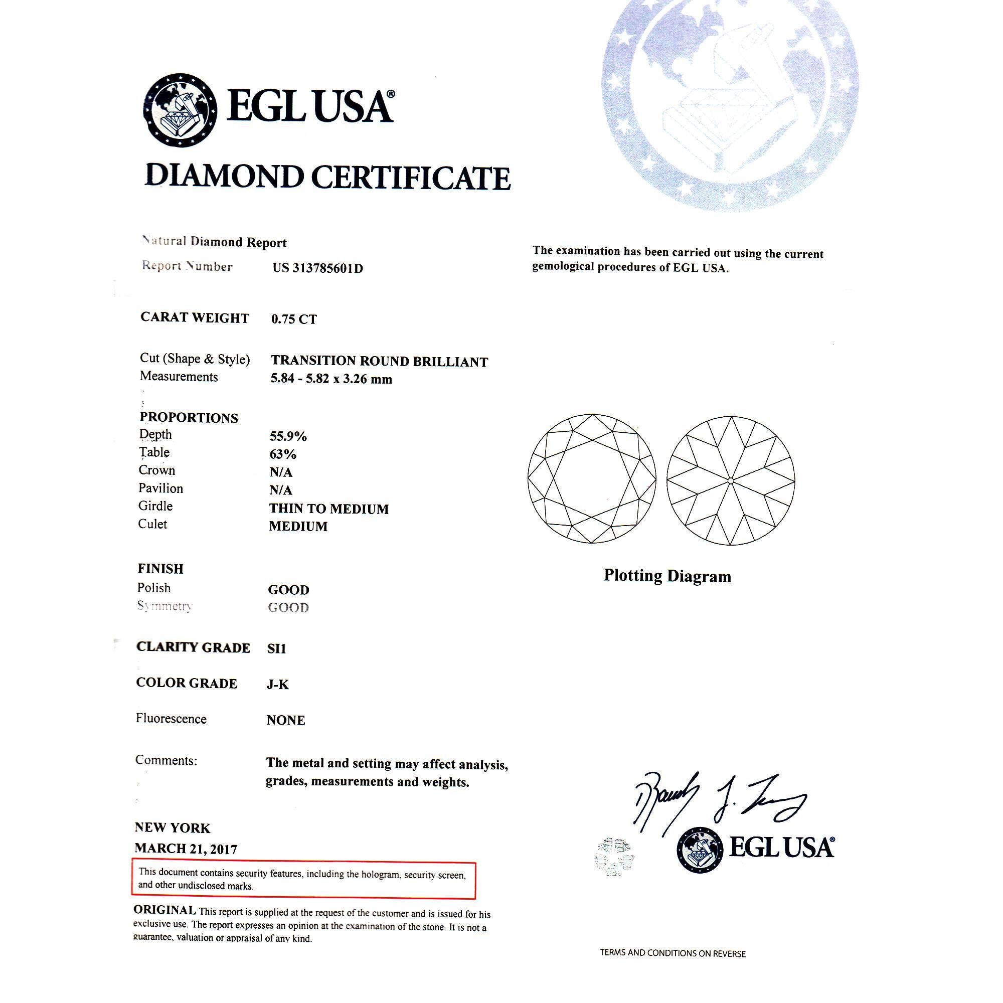  .75 Carat EGL Certified Traditional Cut Diamond Platinum Engagement Ring 4