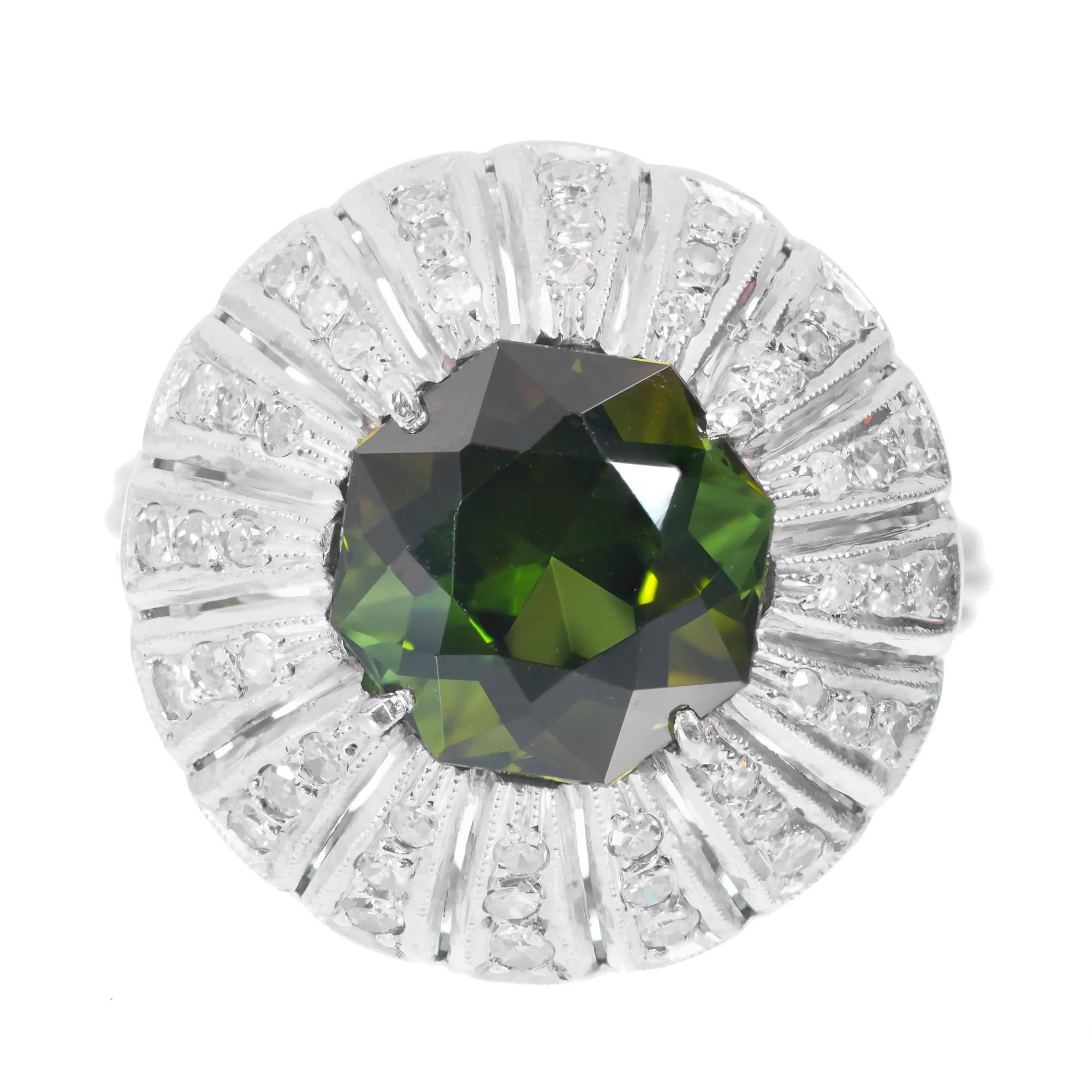 5.75 Carat Octagonal Green Tourmaline Diamond Palladium Cocktail Ring For Sale