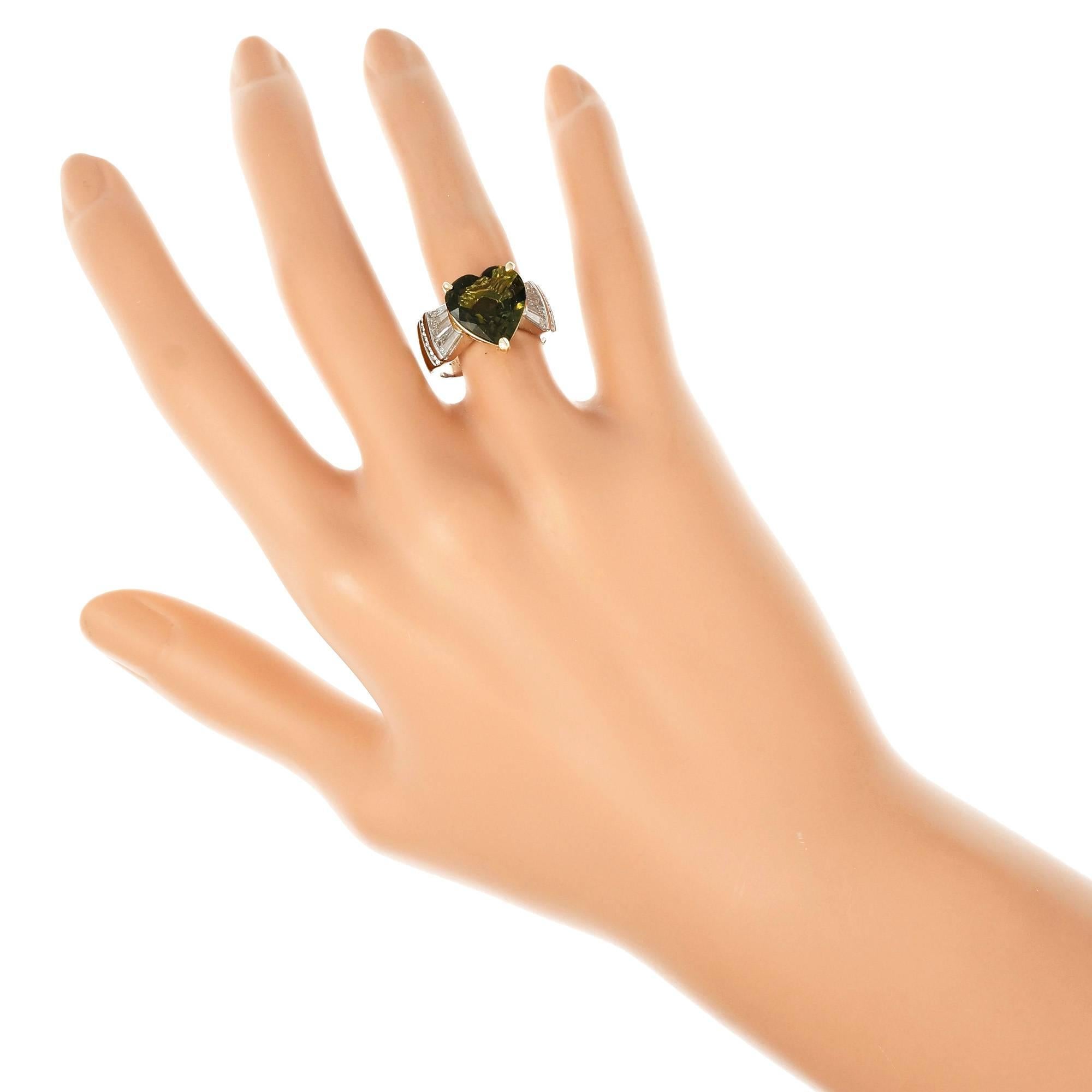 Baguette Cut 4.98 Carat Green Sapphire Heart Shape Diamond Platinum Gold Engagement Ring