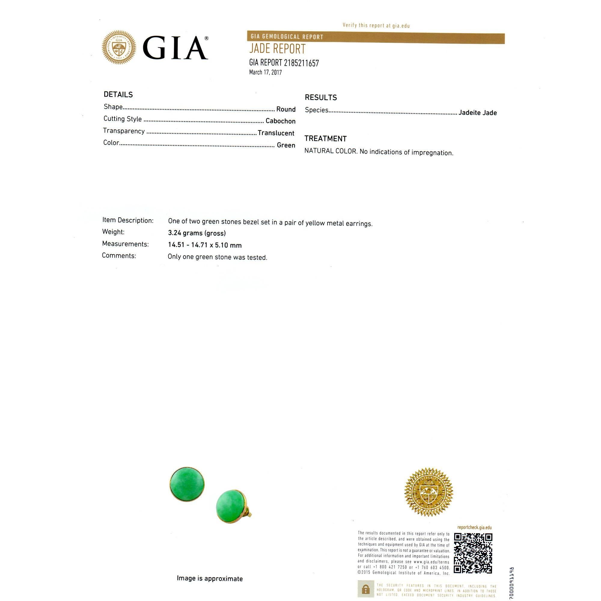 GIA Certified Natural Round Jadeite Jade Round Gold Earrings 1