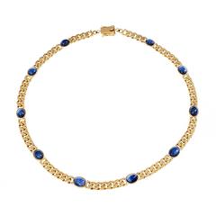 Retro Oval Cabochon Sapphire Solid Gold Link Necklace