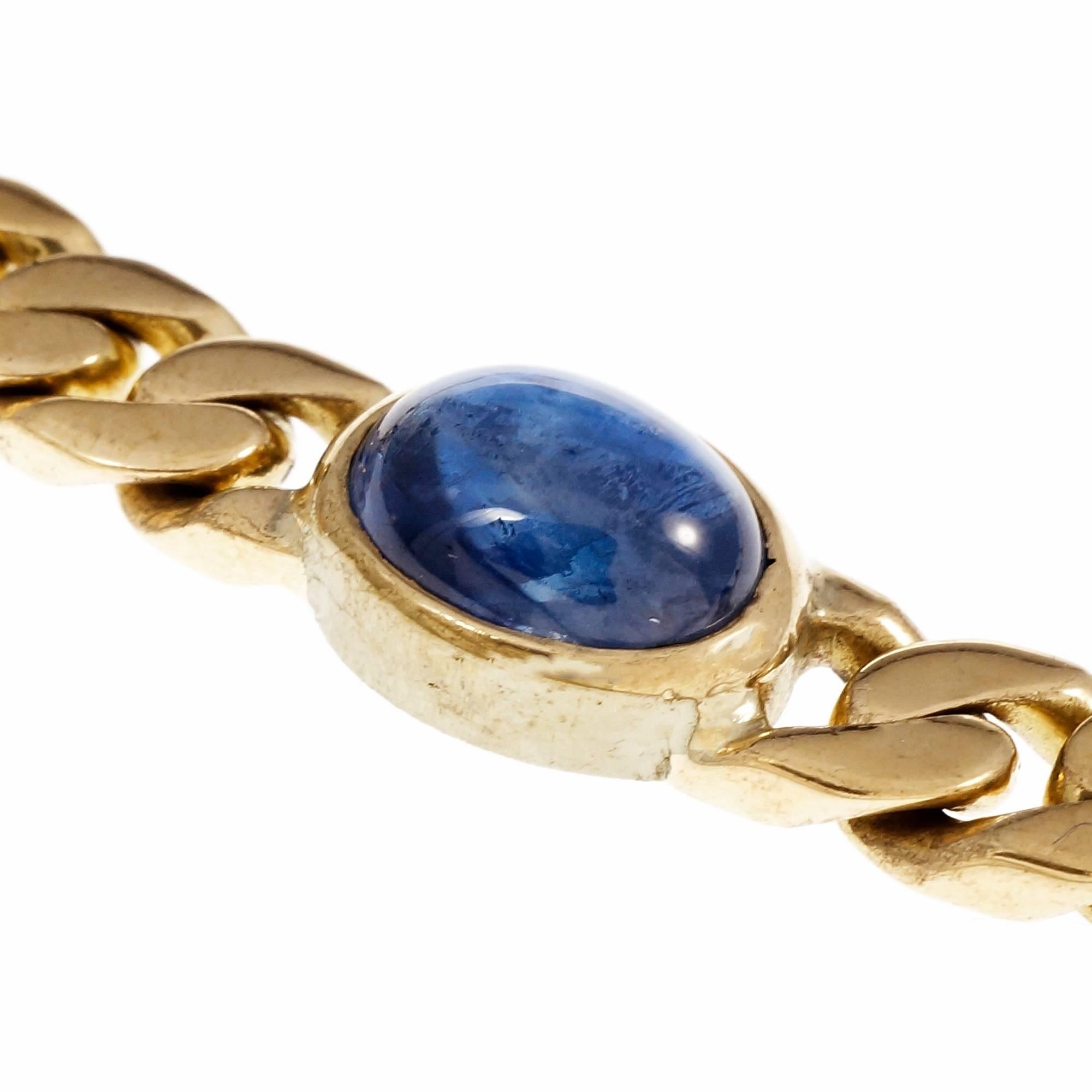 Vintage 1960’s solid 18k yellow gold heavy link necklace bezel set with 10 oval bright blue GIA certified natural cabochon sapphires simple heat only no other enhancements

10 oval cabochon blue sapphires 7.37 x 5.29 x 4.18mm approximately 15.50