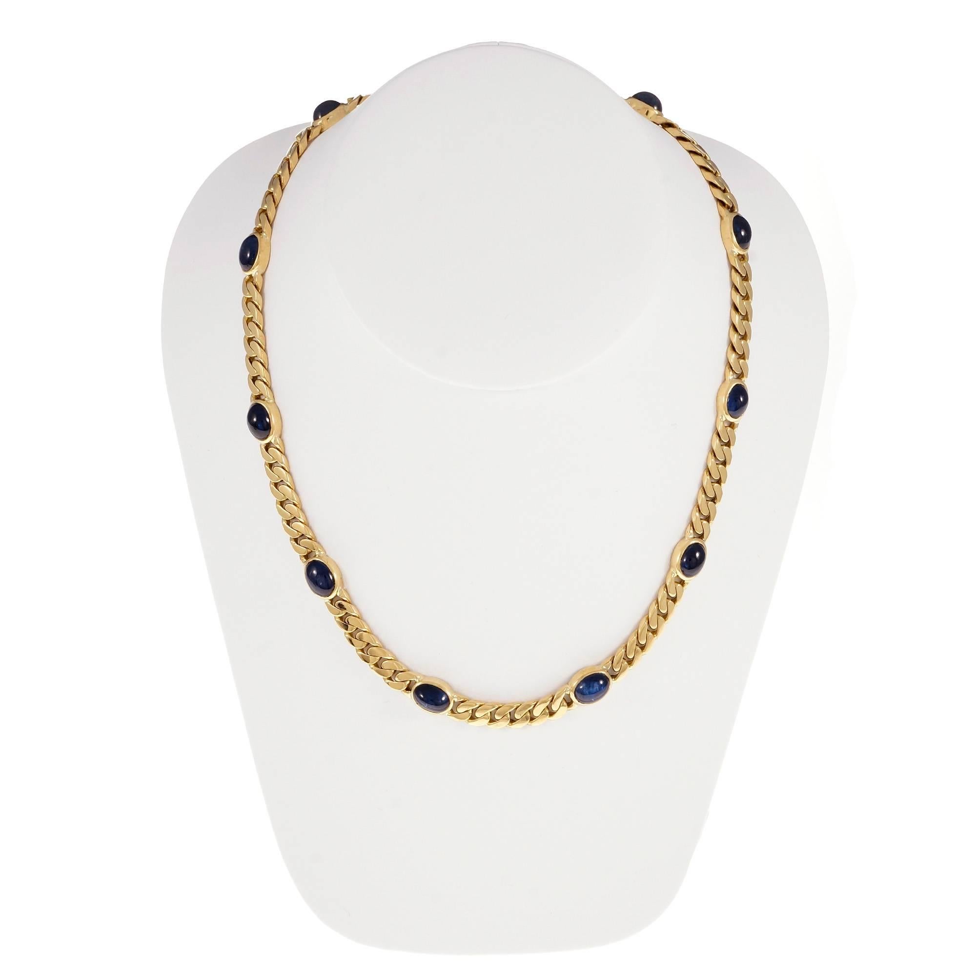 Oval Cabochon Sapphire Solid Gold Link Necklace For Sale 1