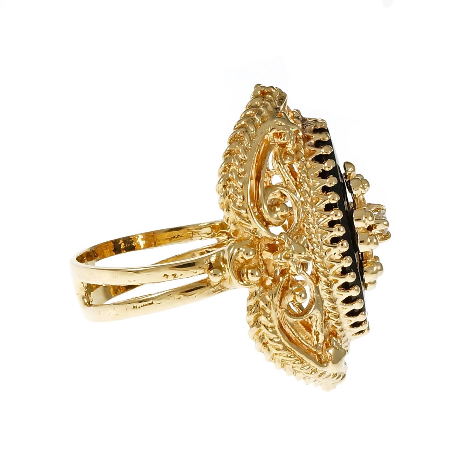 Marquise Cut Marquise Onyx Diamond Open Work Gold Cocktail Ring