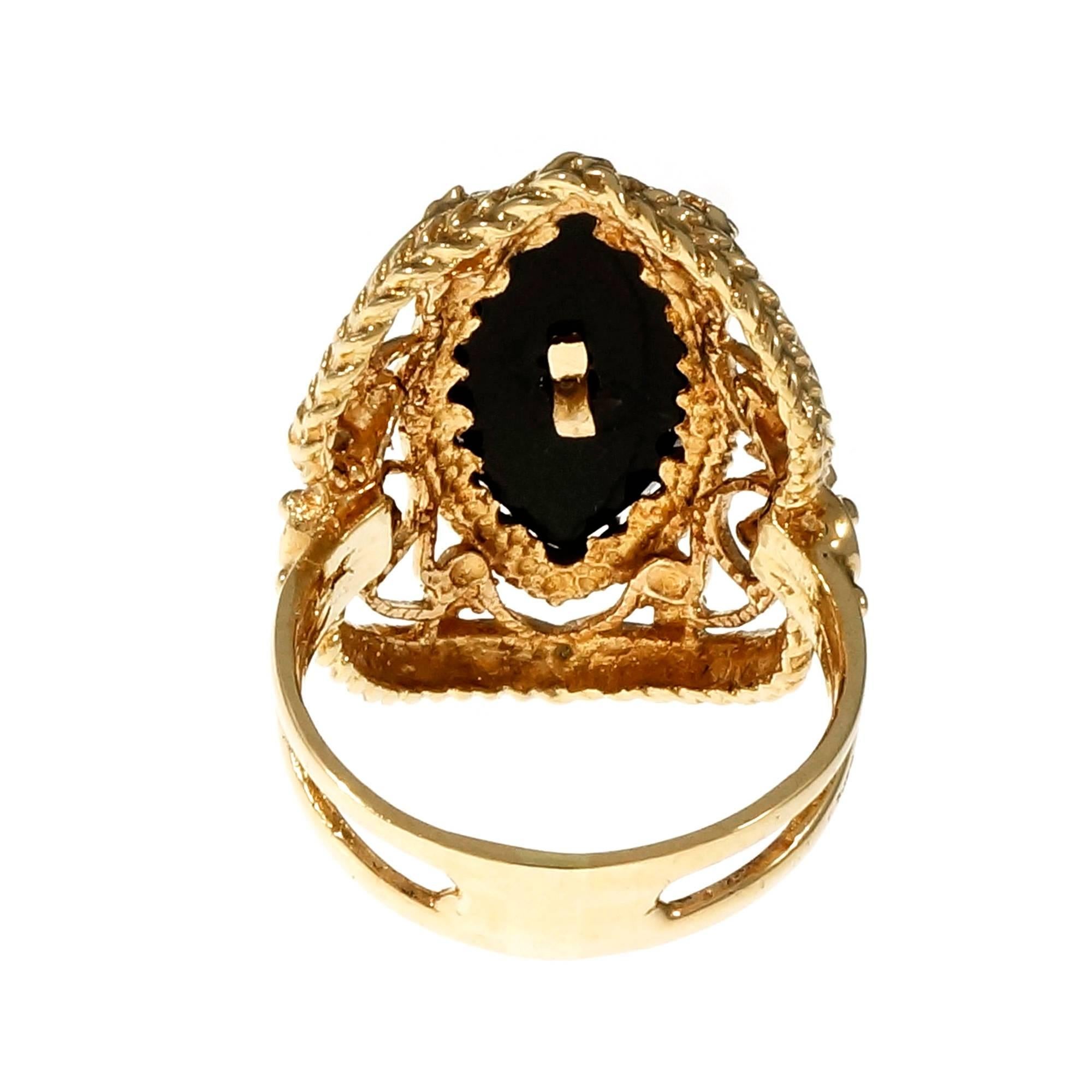 Marquise Onyx Diamond Open Work Gold Cocktail Ring In Good Condition In Stamford, CT