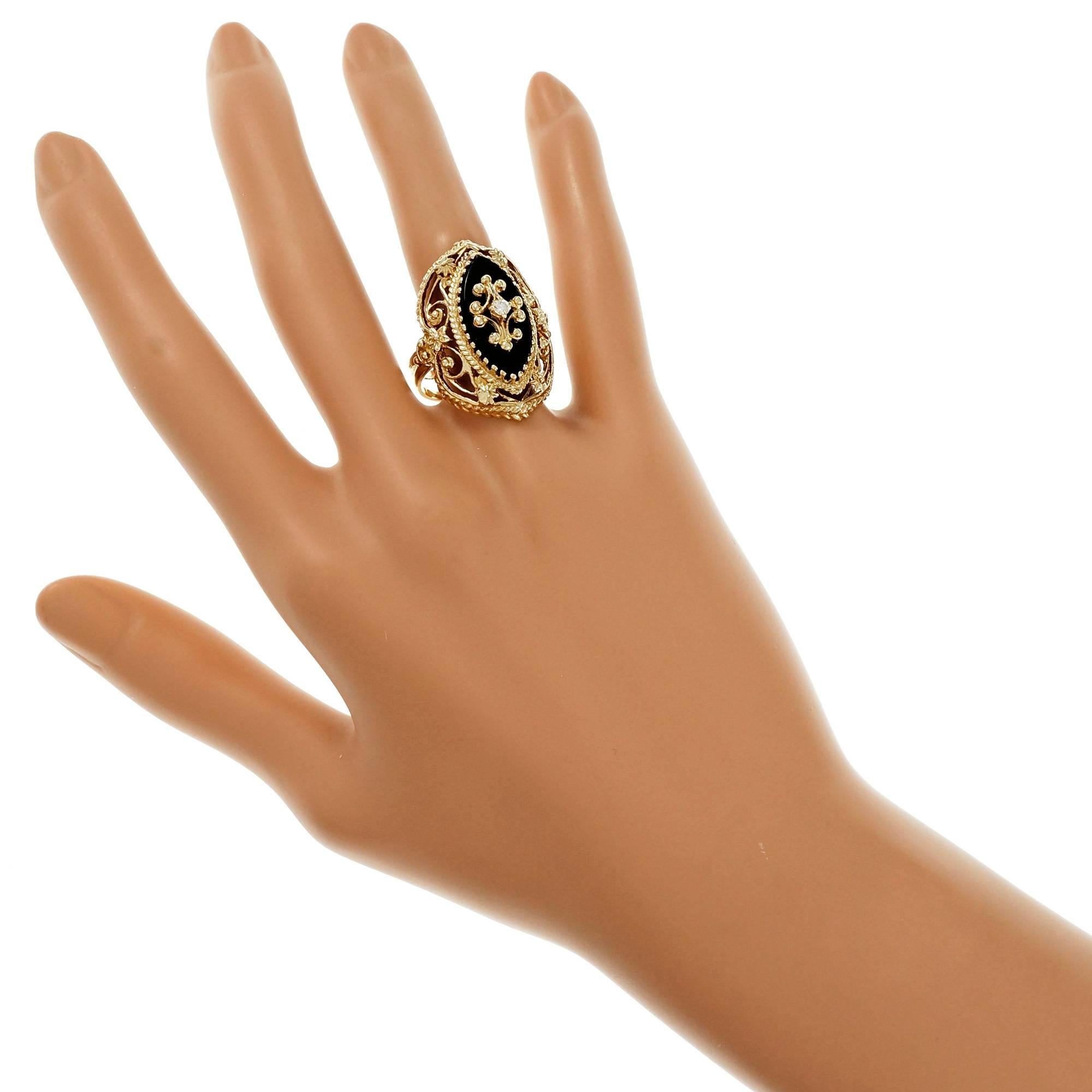Marquise Onyx Diamond Open Work Gold Cocktail Ring 1