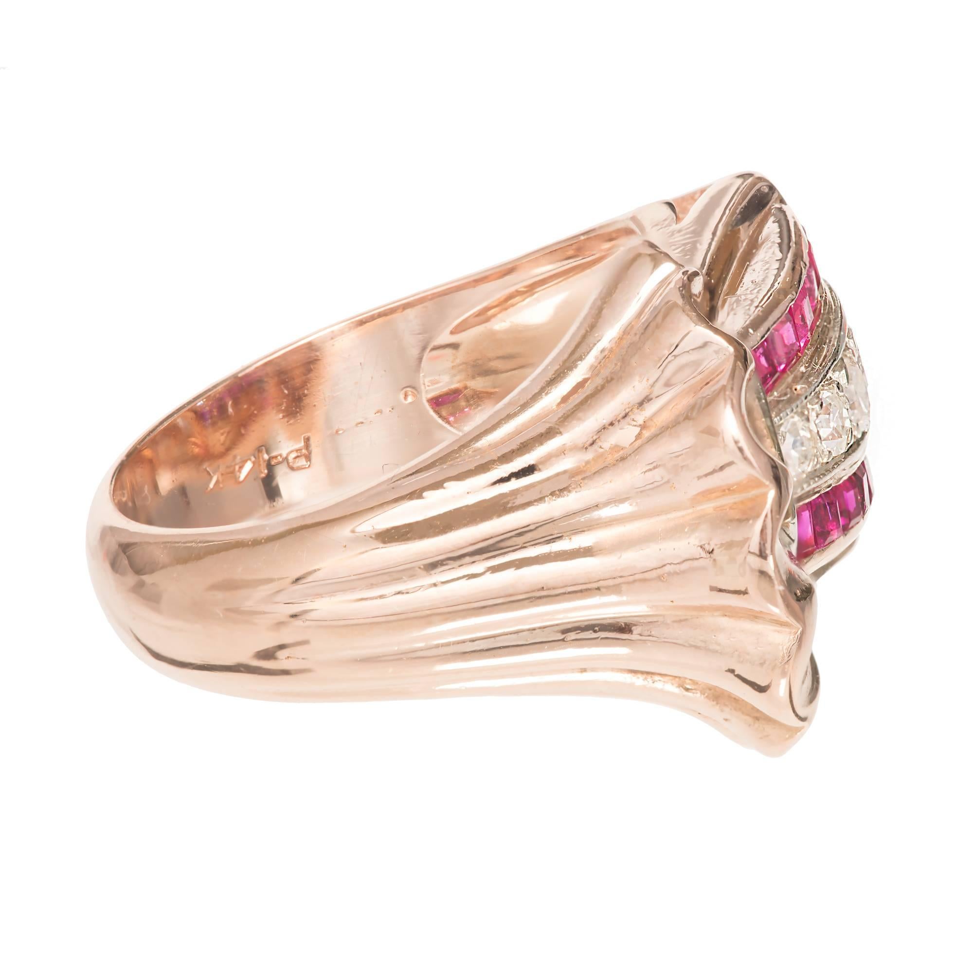 Ruby Diamond Rose White Gold Arrow Design Cocktail Ring circa 1930s In Good Condition For Sale In Stamford, CT