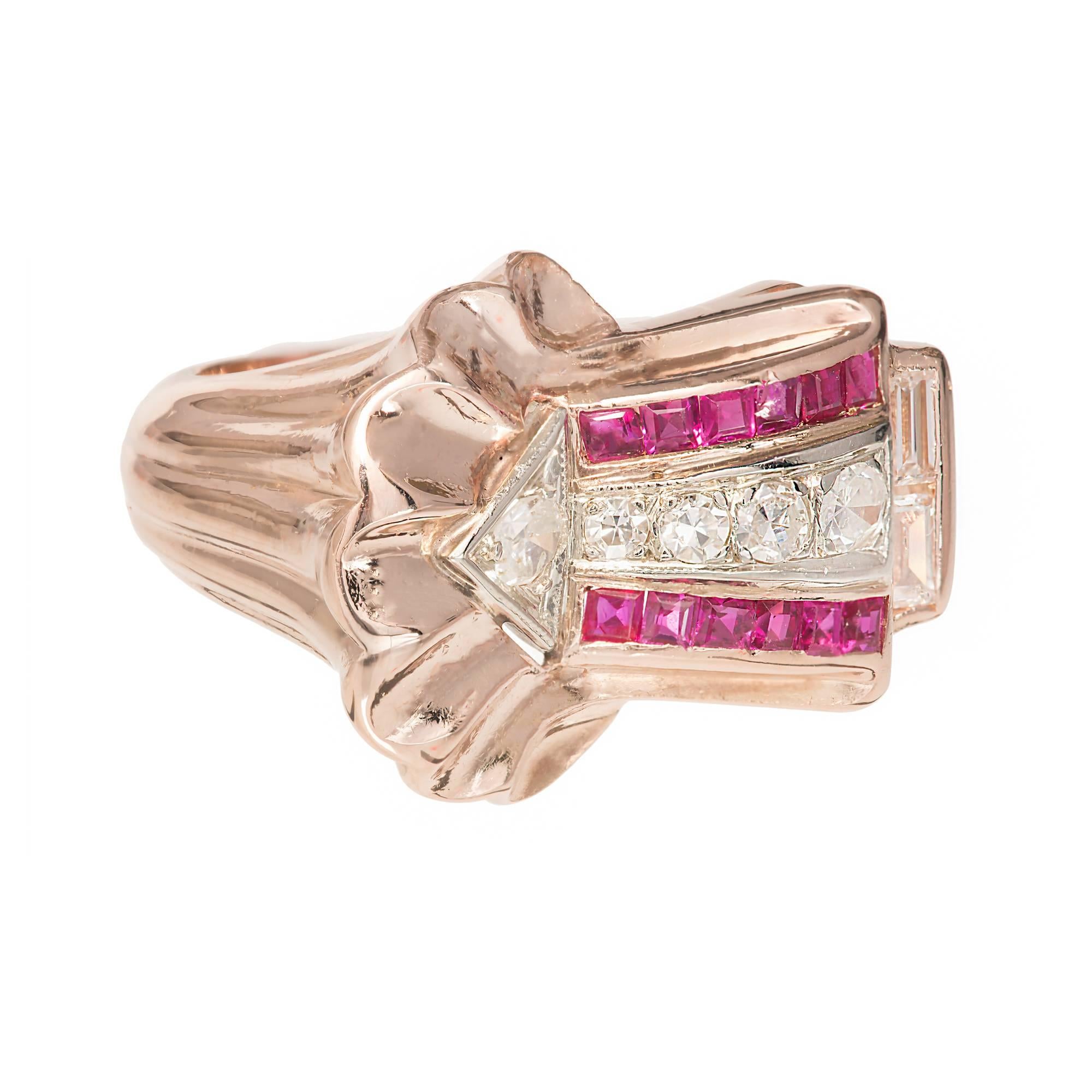 1930s Retro arrow design rose gold ring with genuine square bright red Rubies and singe cut Diamonds in white gold. 5 round cut diamonds accented by 12 square shape red rubies. 

5 round single cut Diamonds, approx. total weight .18cts, H – I, SI1 –