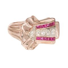 Ruby Diamond Rose White Gold Arrow Design Cocktail Ring circa 1930s