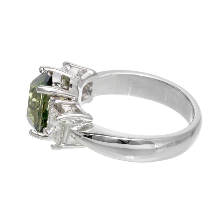 Cushion Cut Peter Suchy GIA 3.05 Carat Green Sapphire Diamond Platinum Engagement Ring For Sale