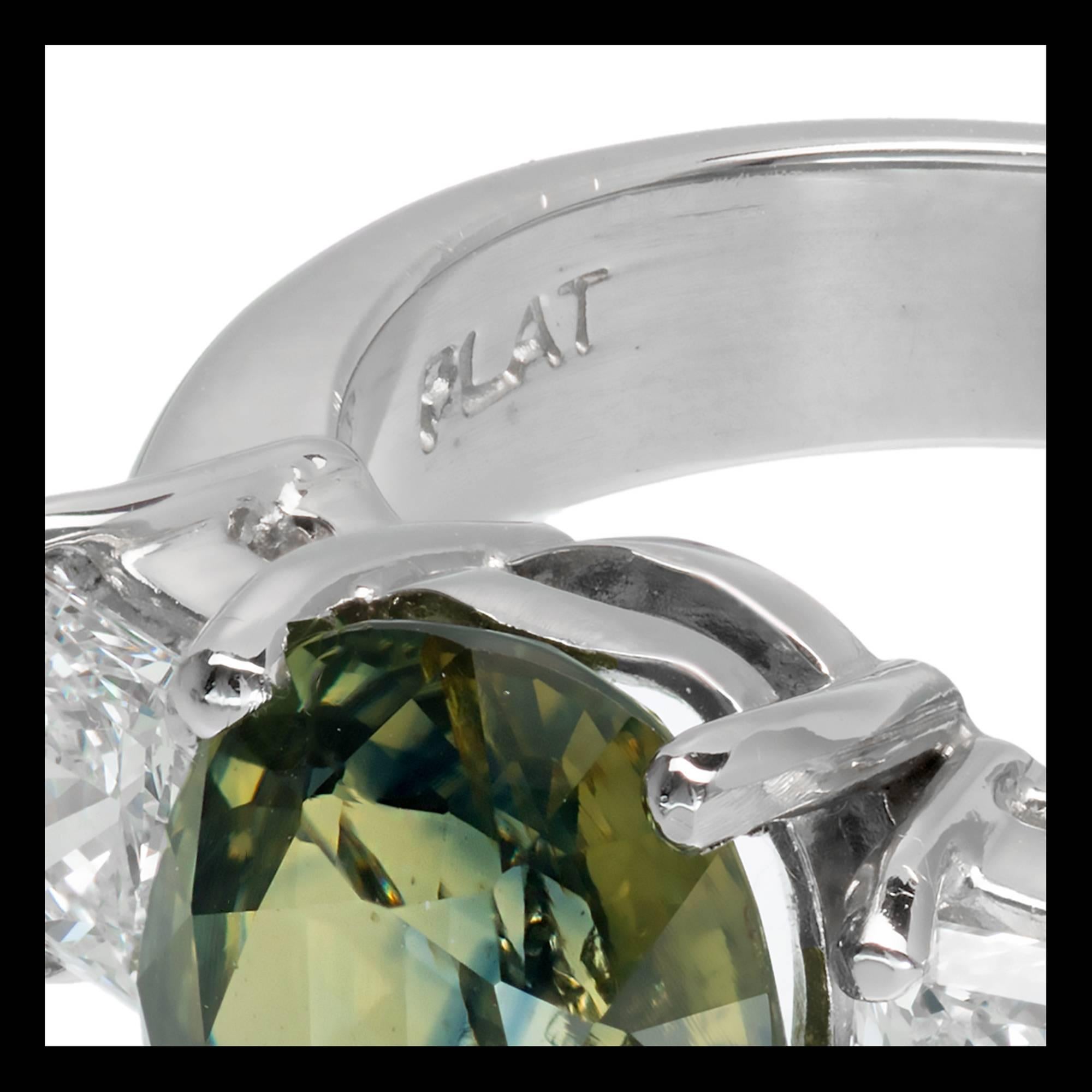 Peter Suchy GIA 3.05 Carat Green Sapphire Diamond Platinum Engagement Ring For Sale 1