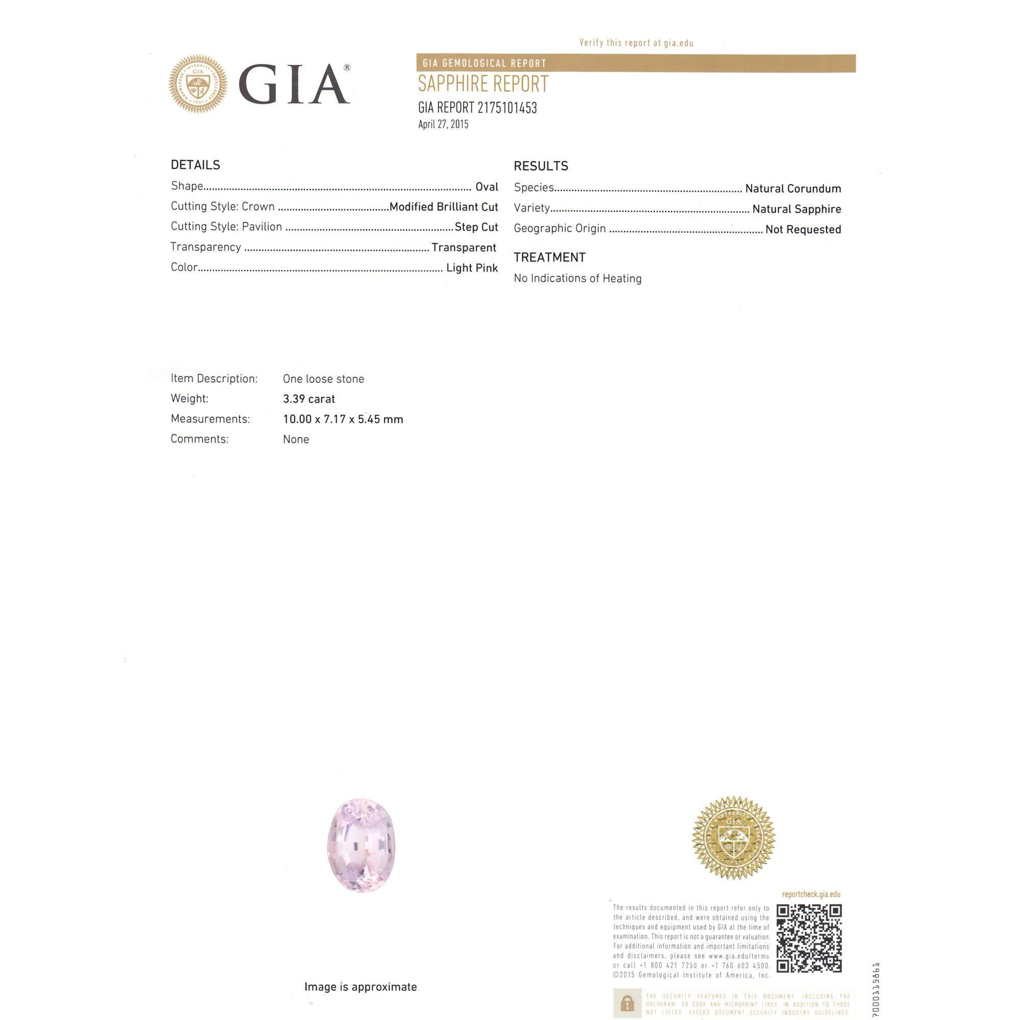 3.39 Carat GIA Certified Pink Oval Sapphire Diamond Platinum Engagement Ring For Sale 1