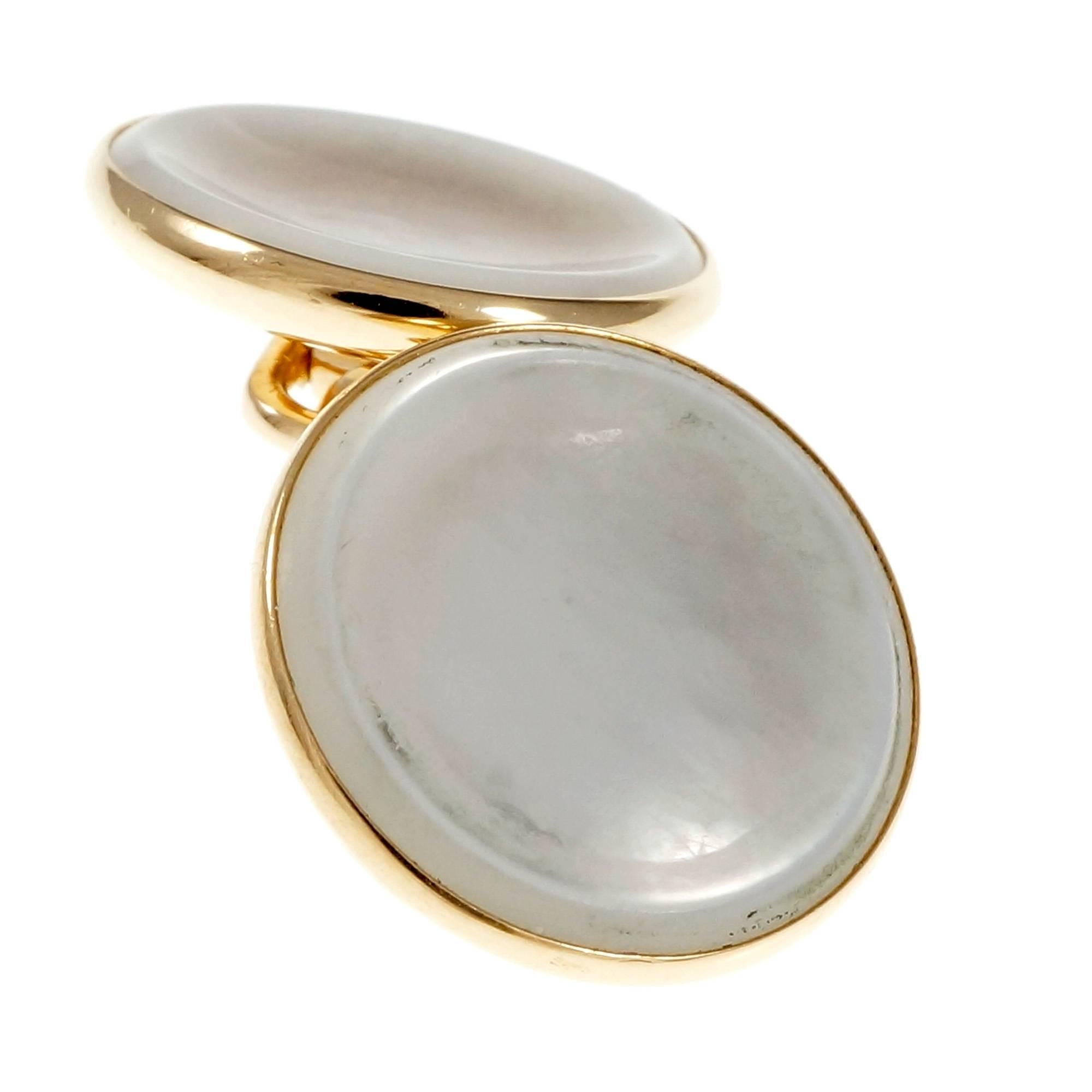 Men's Round White Mother-of-Pearl Gold Cuff-Links