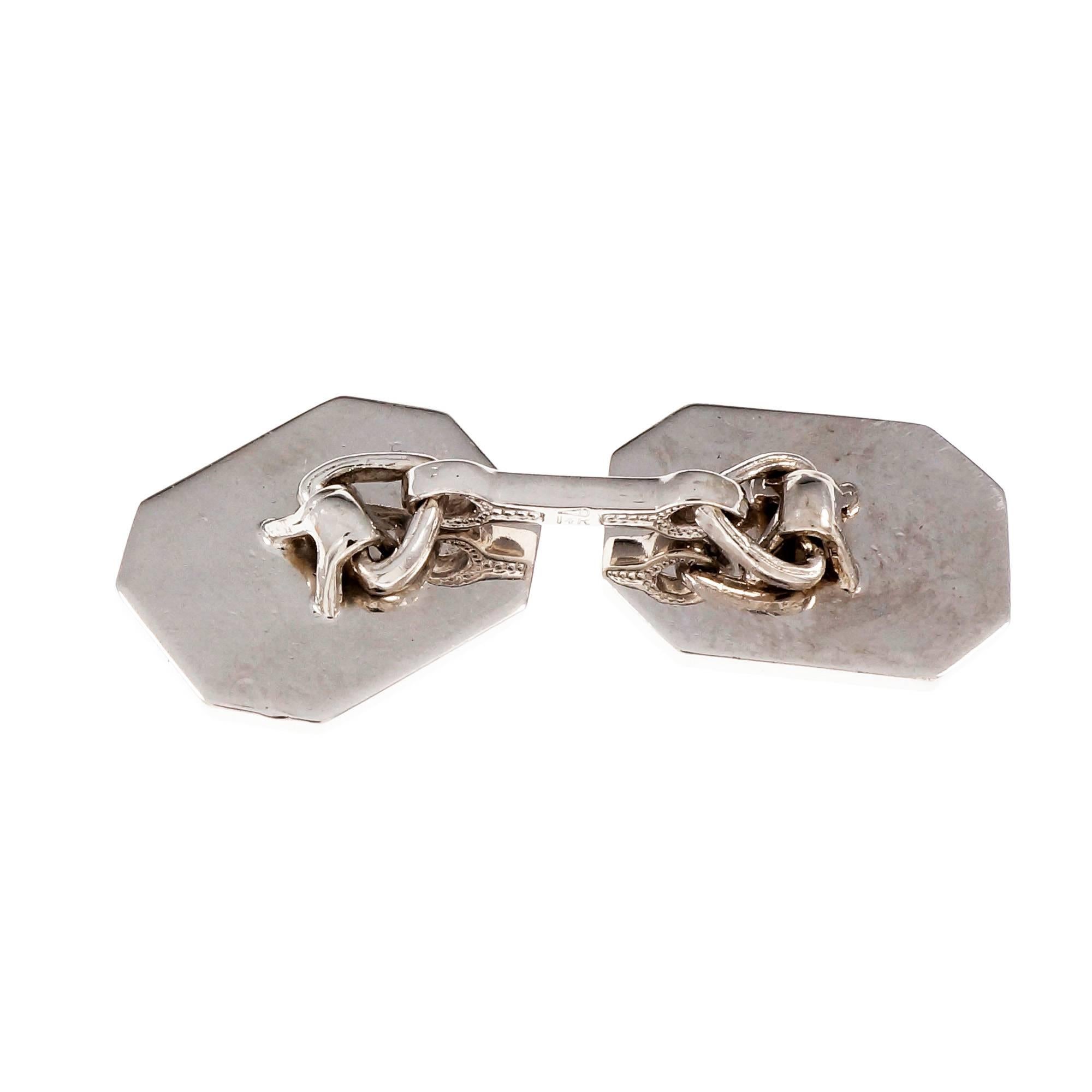 Vintage 1940 octagonal double sided rare 14k white gold cuff links.

14k white gold
Tested and stamped: 14k
14.2 grams
Top to bottom: 12.11mm or .47 inch
Width: 15.53mm or .61 inch
Depth: 1.53mm

