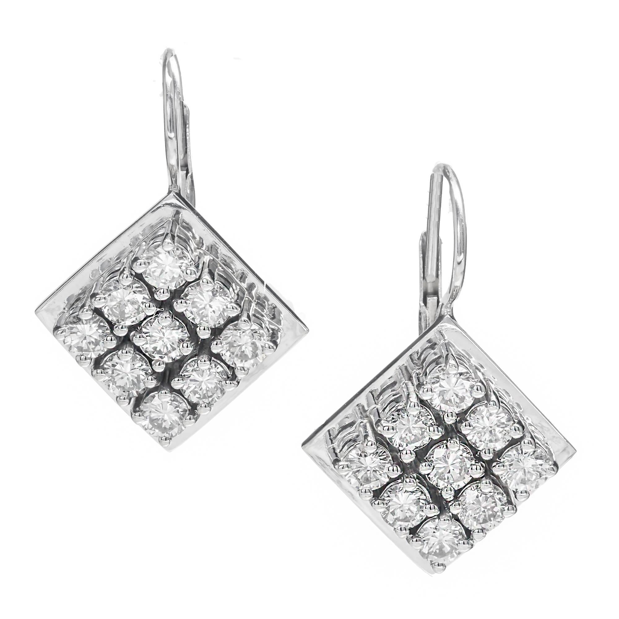 2.70 Carat Diamond Square Cluster White Gold Euro Wire Dangle Earrings For Sale