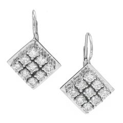 Vintage 2.70 Carat Diamond Square Cluster White Gold Euro Wire Dangle Earrings