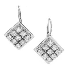 Vintage Diamond Square Cluster White Gold Euro Wire Tops Dangle Earrings