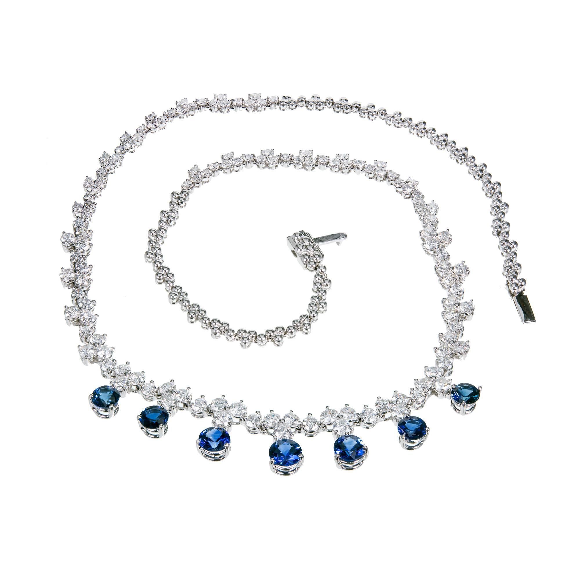 Bright blue round natural Sapphire and Diamond Platinum necklace. Hinged links of solid Platinum holding top quality gemstones. The Sapphires are GIA certified as natural corundum simple heat only. Built in catch with secure underside safety. 

124