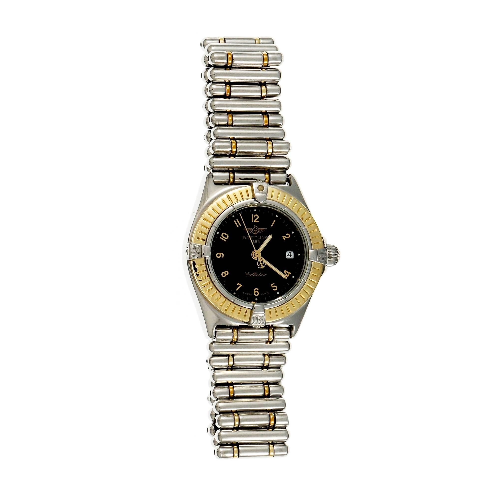 Breitling ladies Callistino 18k yellow gold and steel watch with 18k gold and steel Breitling bullet band. Original black dial. Breitling movement.

62.6 grams 
Band length: 6.5 inches
18k yellow gold & steel
 Length: 32mm 
Width: 28mm 
Band