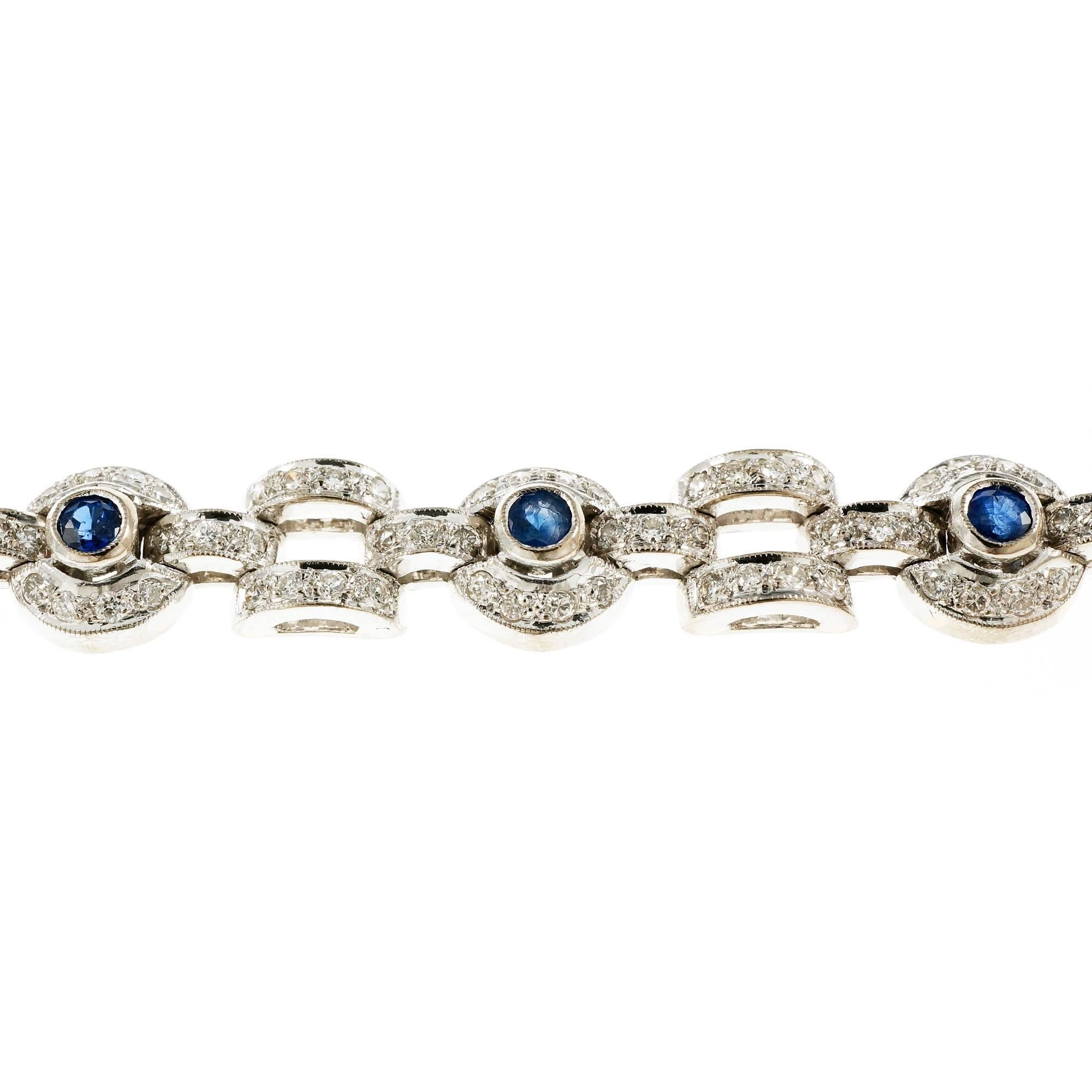 Sapphire Diamond White Gold Circle Square Link Bracelet In Good Condition In Stamford, CT