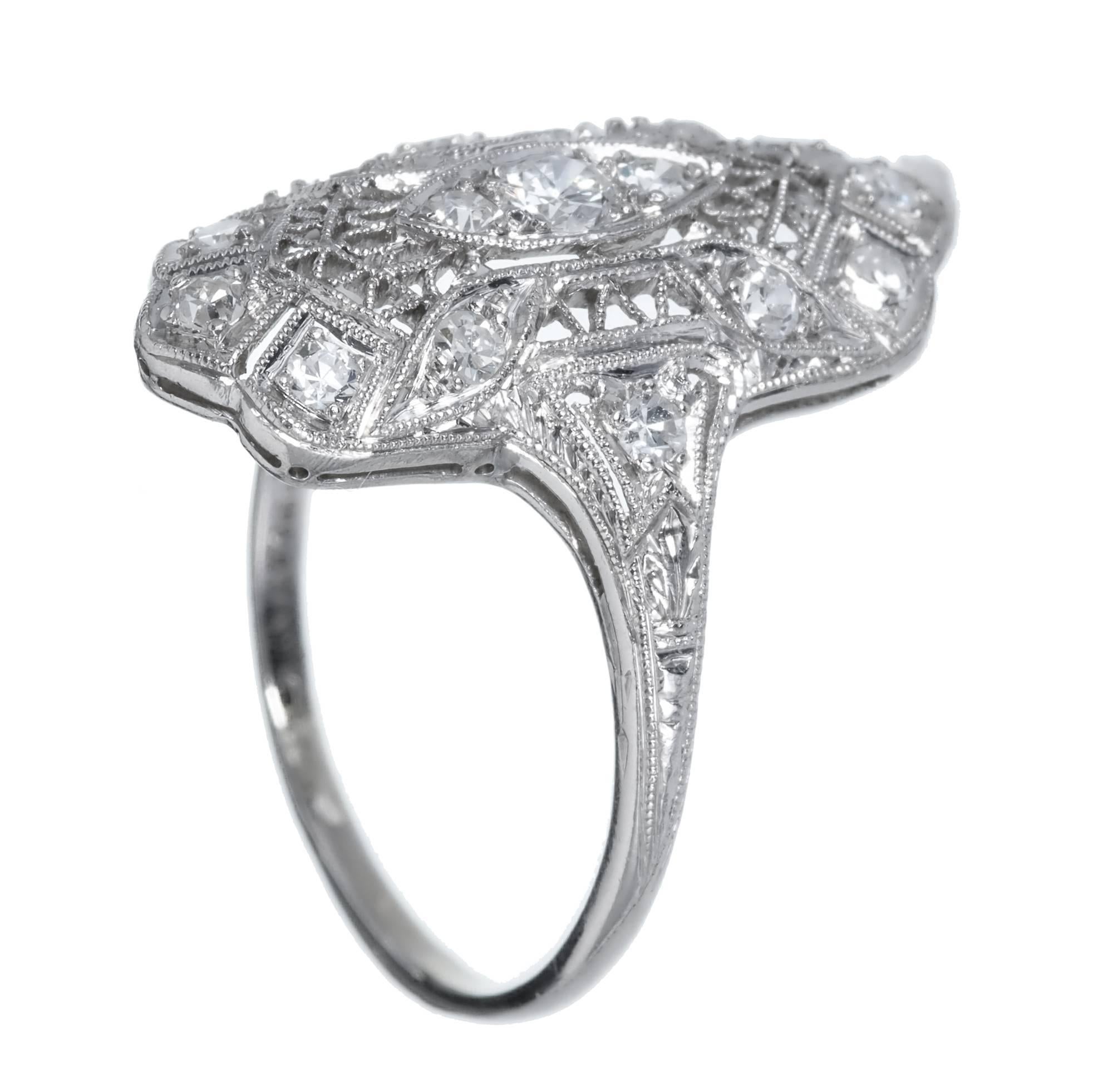 Edwardian Art Deco Diamond Platinum Filigree Cocktail Ring 2