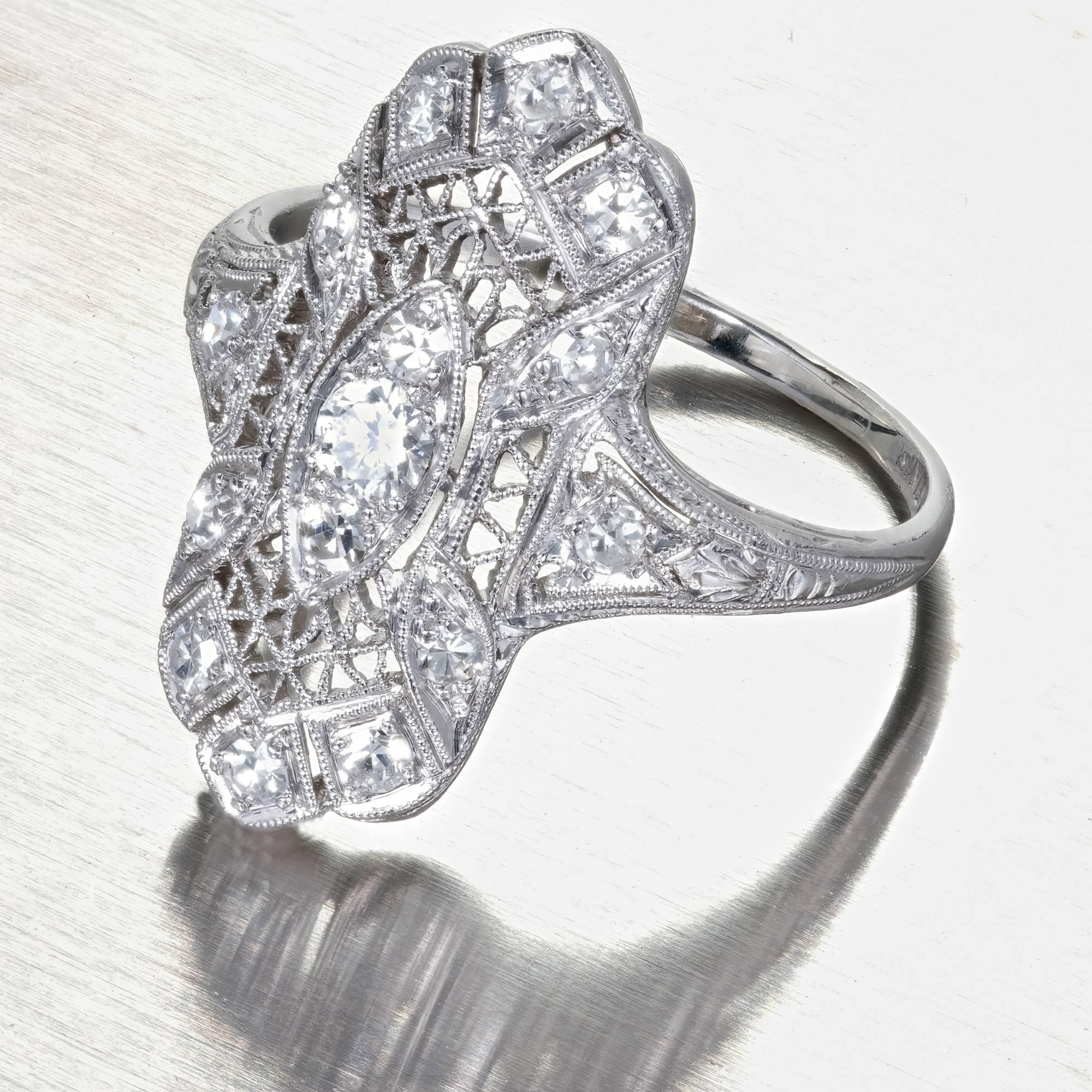 Edwardian Art Deco Diamond Platinum Filigree Cocktail Ring In Good Condition In Stamford, CT