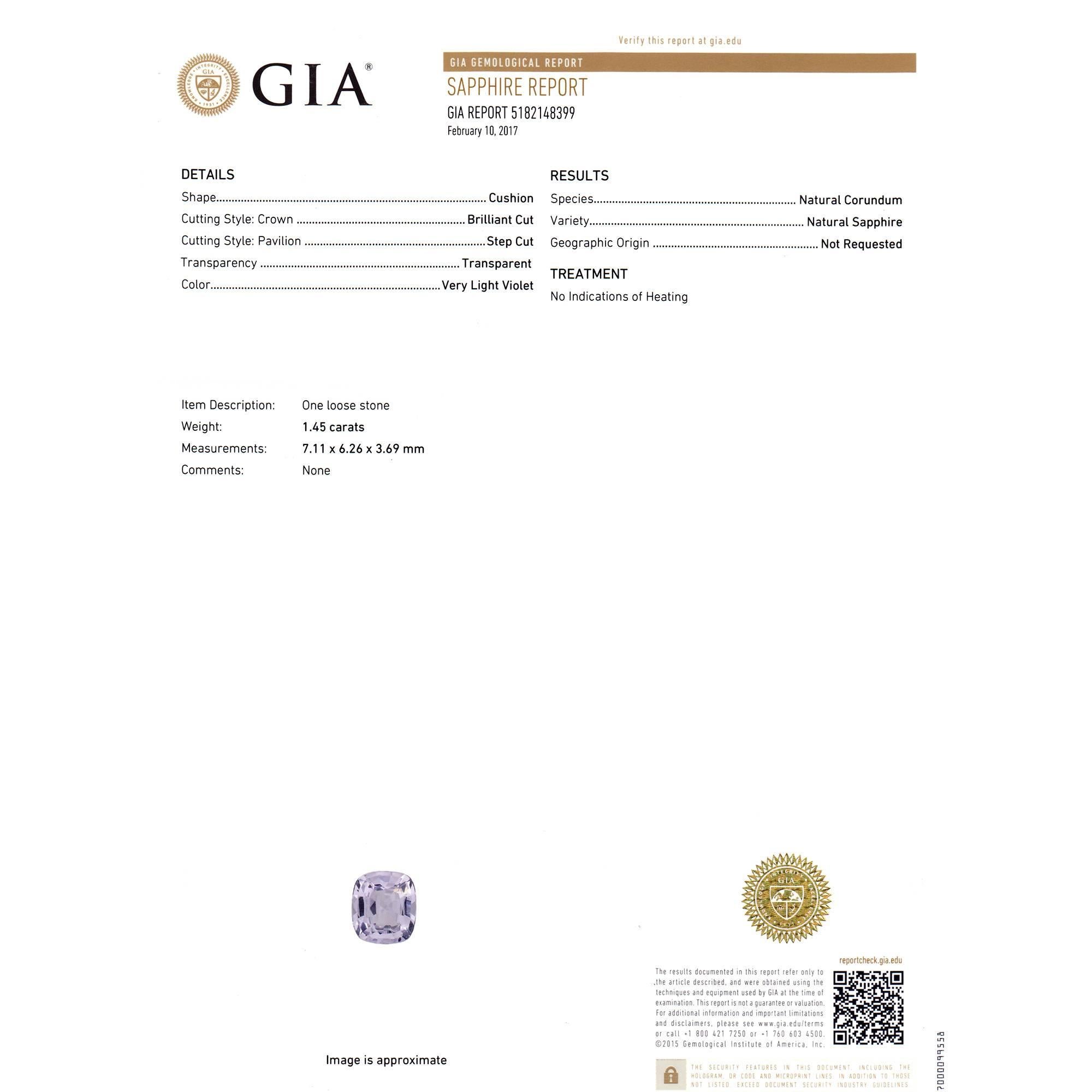 1.45 Carat Light Violet GIA Certified Sapphire Diamond Platinum Engagement Ring 1