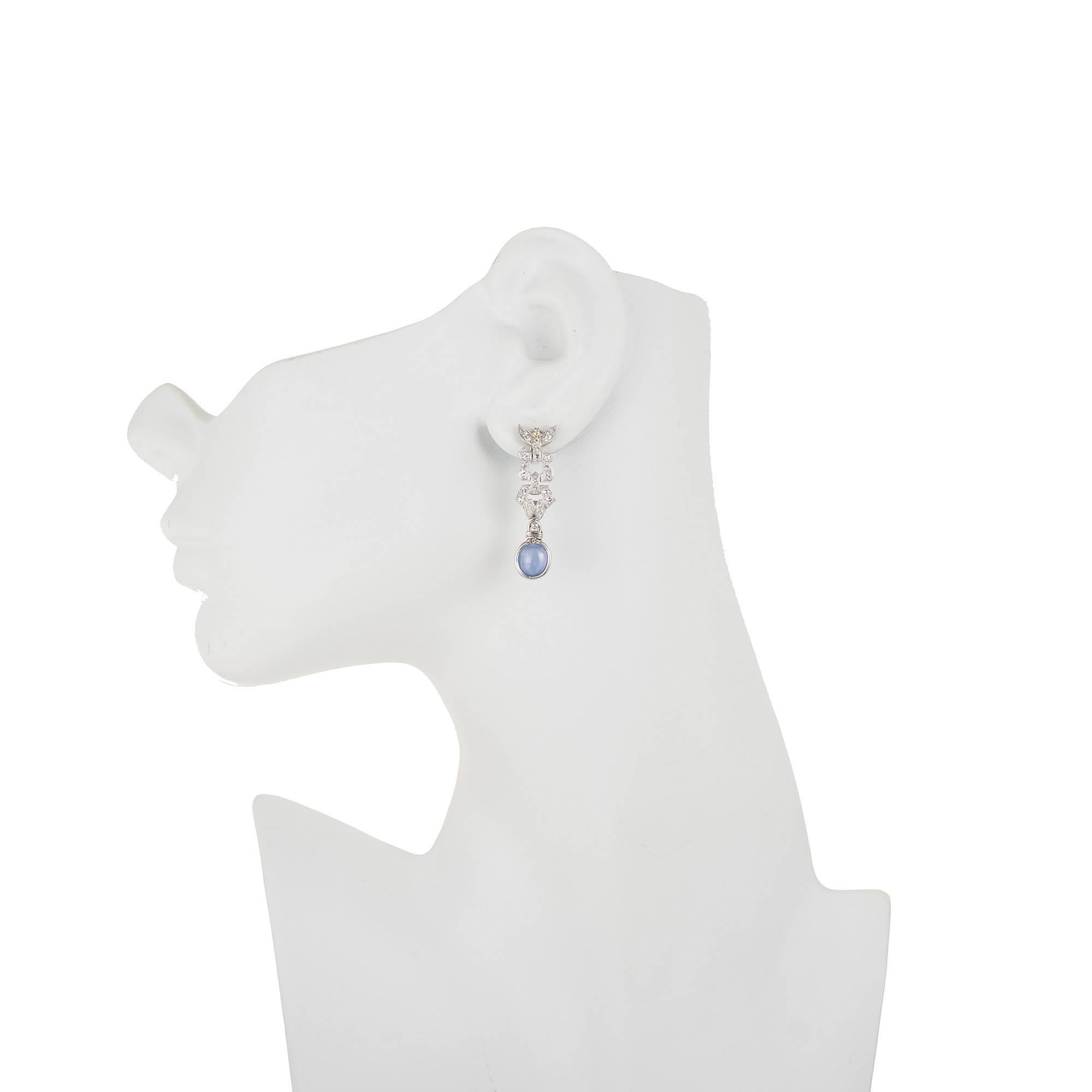 Oval Cut 4.75 Carat Cabochon Sapphire Diamond Art Deco Platinum Dangle Earrings For Sale