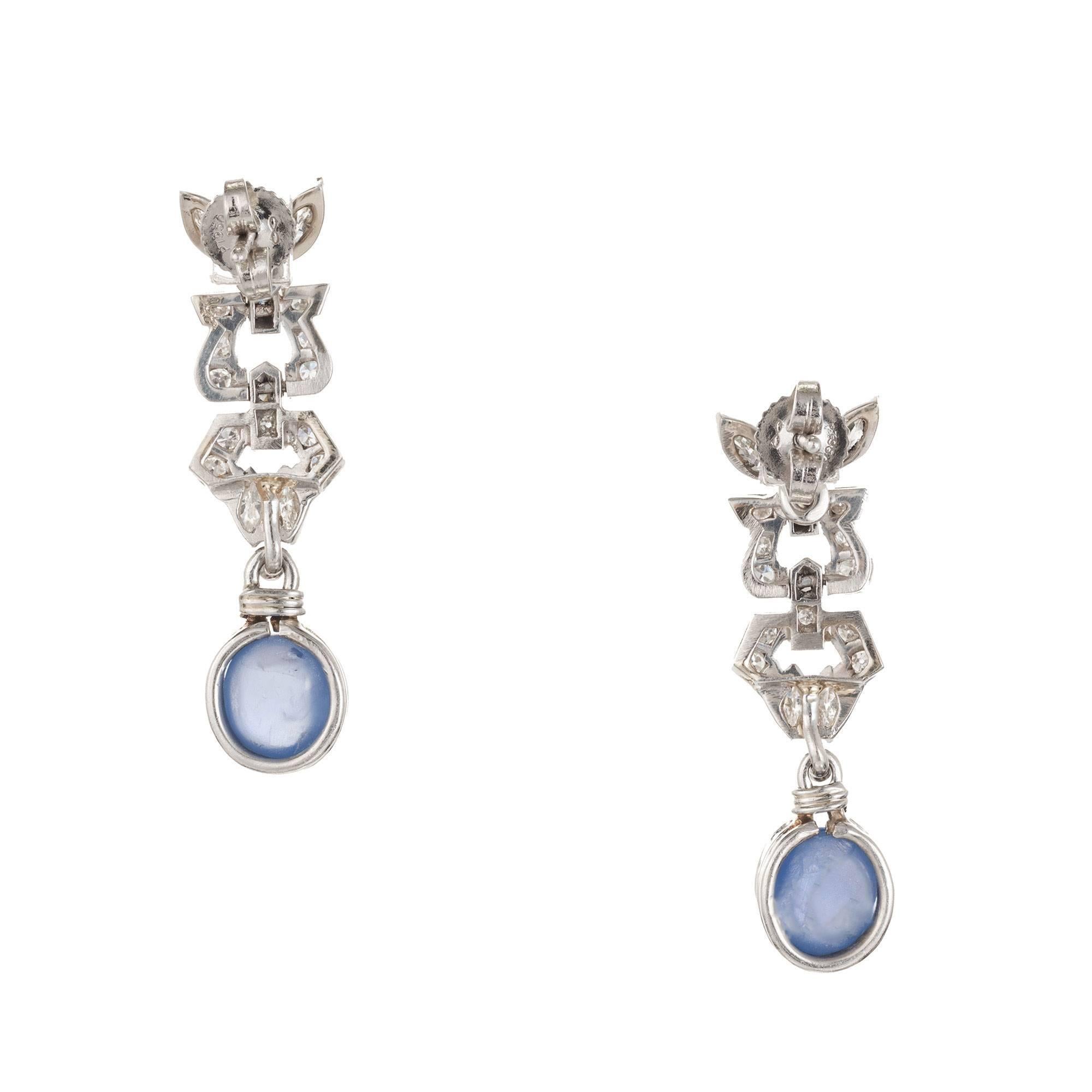 Women's 4.75 Carat Cabochon Sapphire Diamond Art Deco Platinum Dangle Earrings For Sale