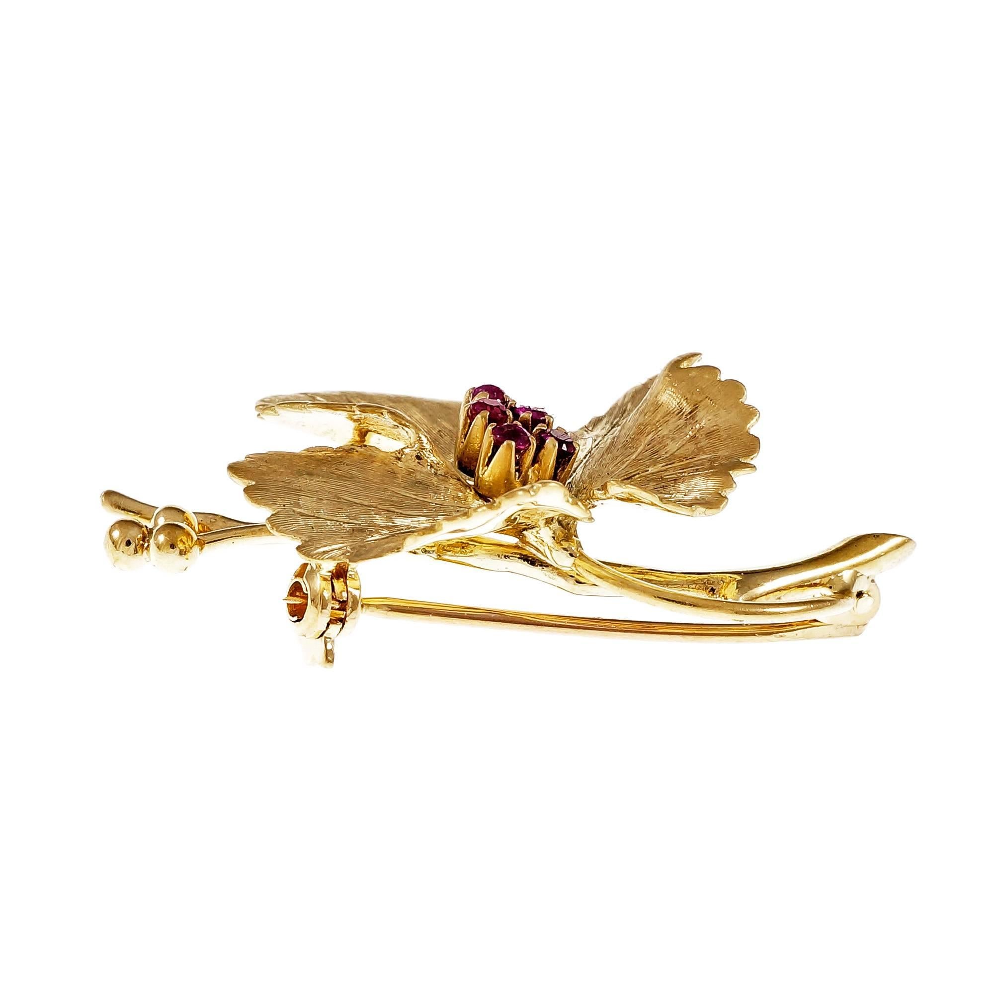 Tiffany & Co. Ruby Leaf Gold Brooch 1