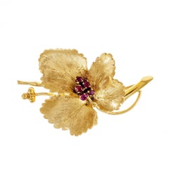 Tiffany & Co. Ruby Leaf Gold Brooch