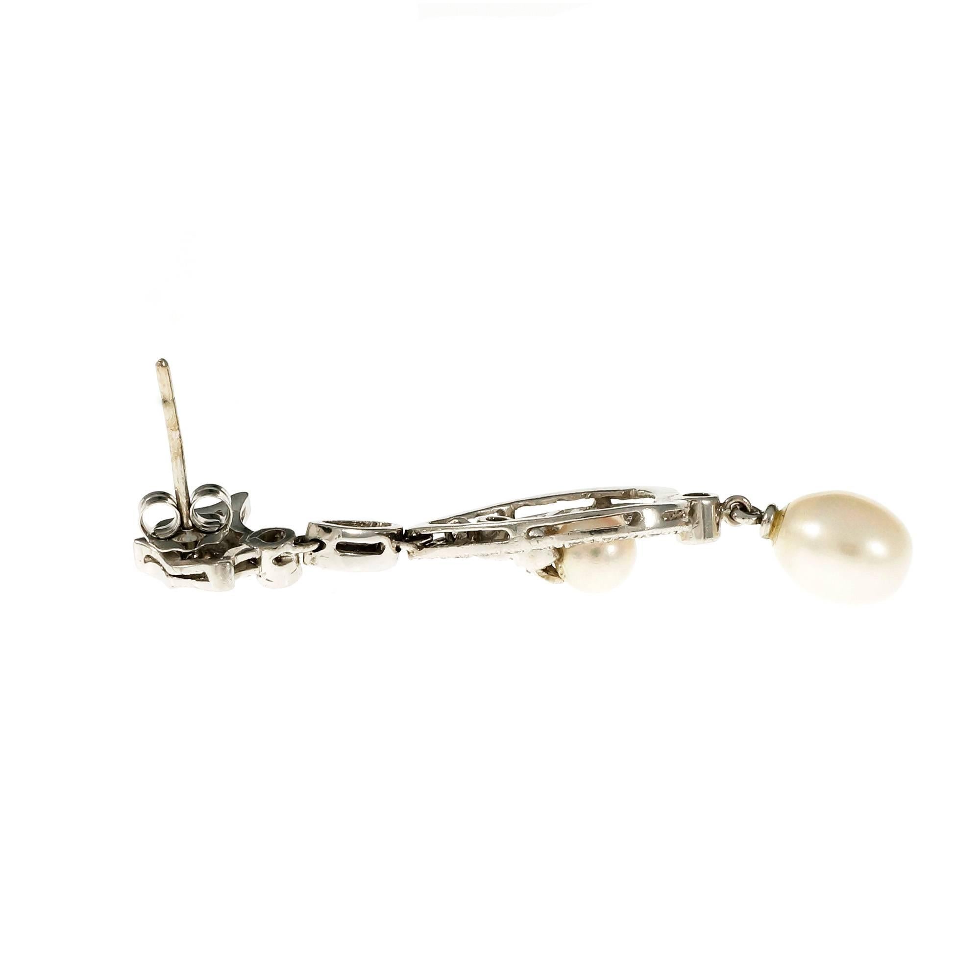 Diamond Cultured Pearl Dangle Drop Gold Earrings In Good Condition In Stamford, CT