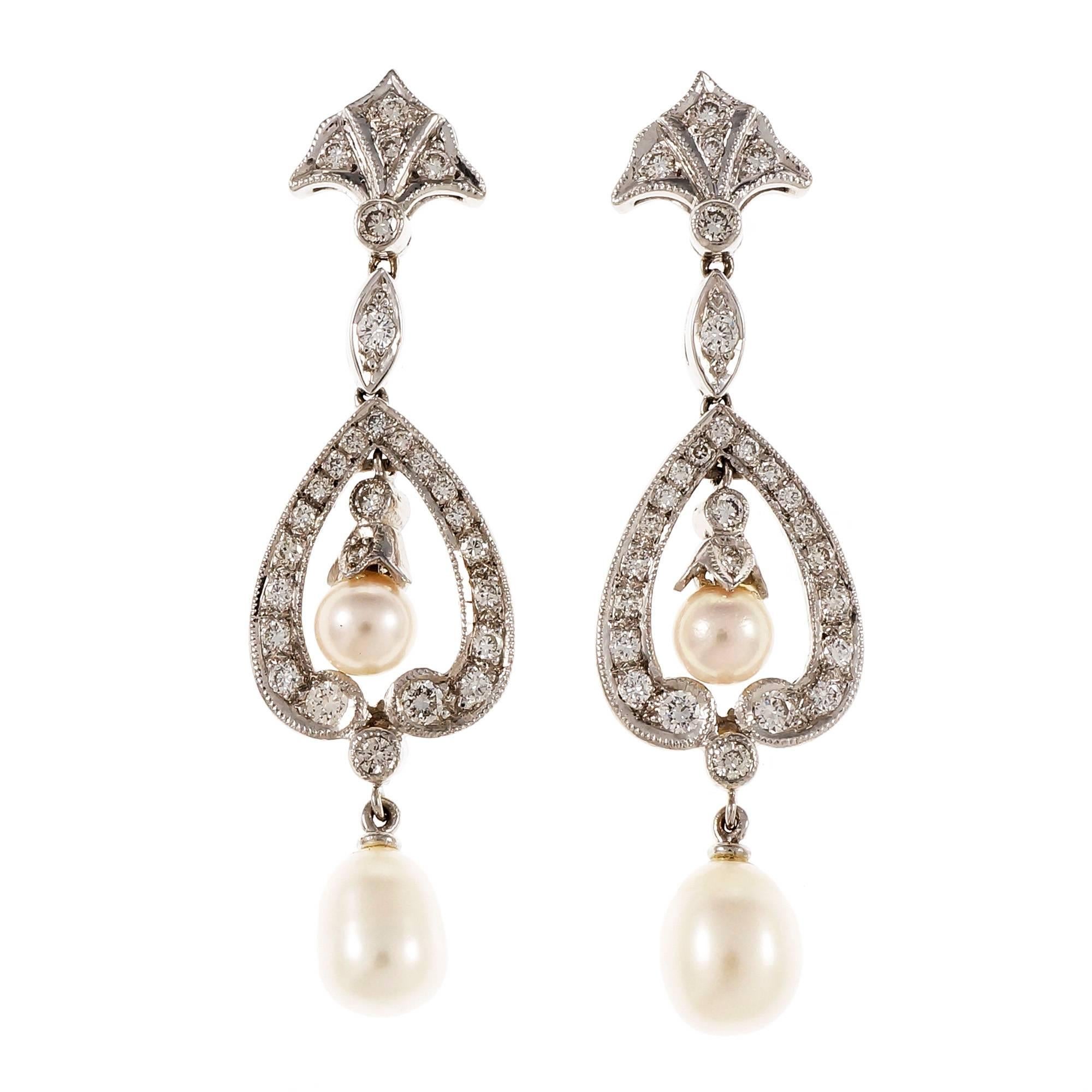 Women's Diamond Cultured Pearl Dangle Drop Gold Earrings