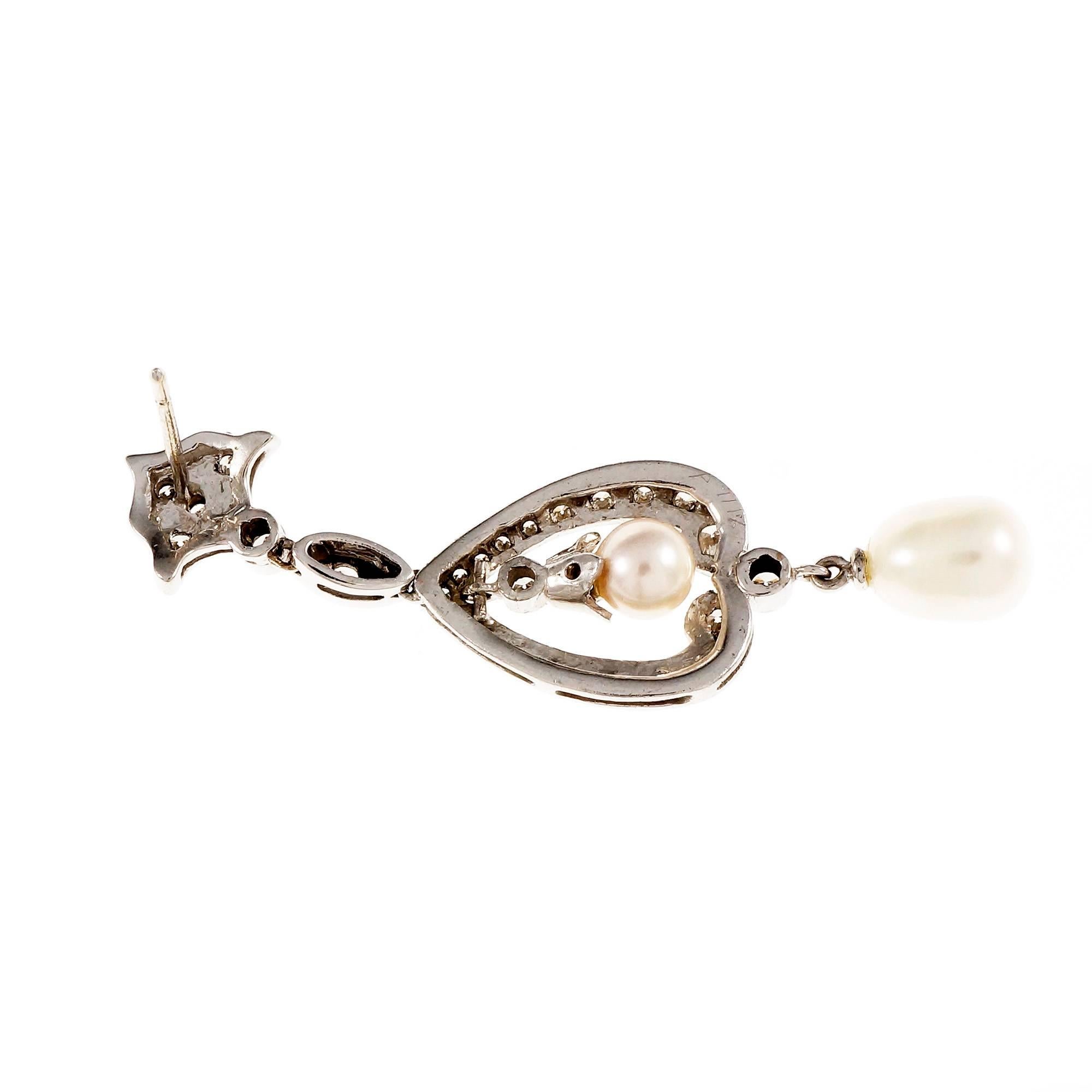 Diamond Cultured Pearl Dangle Drop Gold Earrings 1