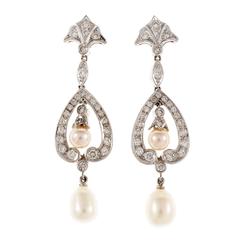 Diamond Cultured Pearl Dangle Drop Gold Earrings