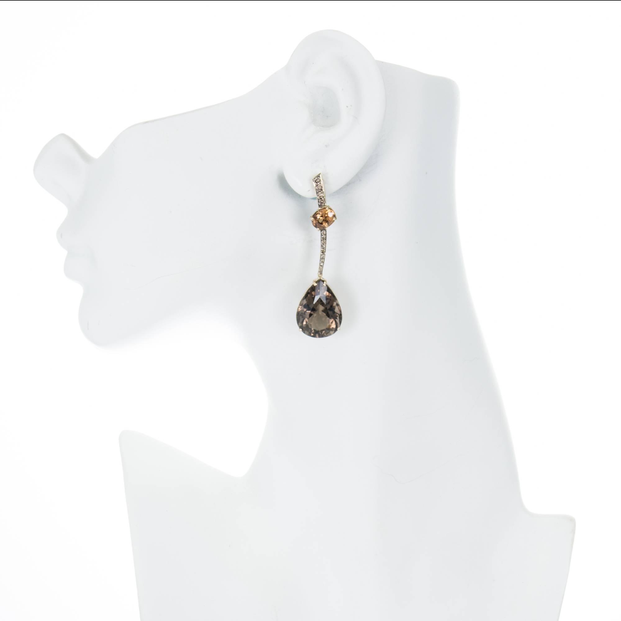 Smoky Quartz Citrine Diamond Gold Dangle Earrings 2