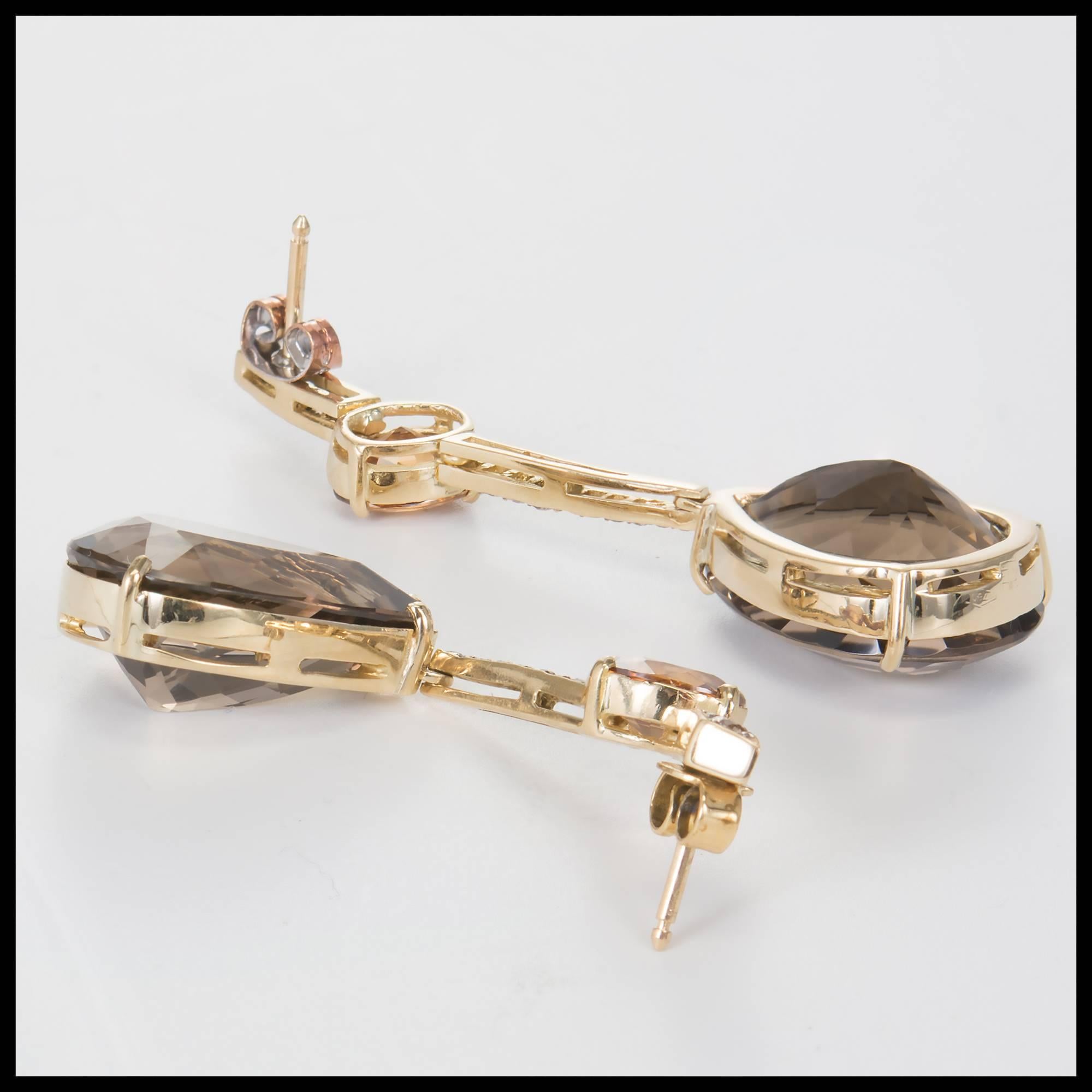 Smoky Quartz Citrine Diamond Gold Dangle Earrings 3