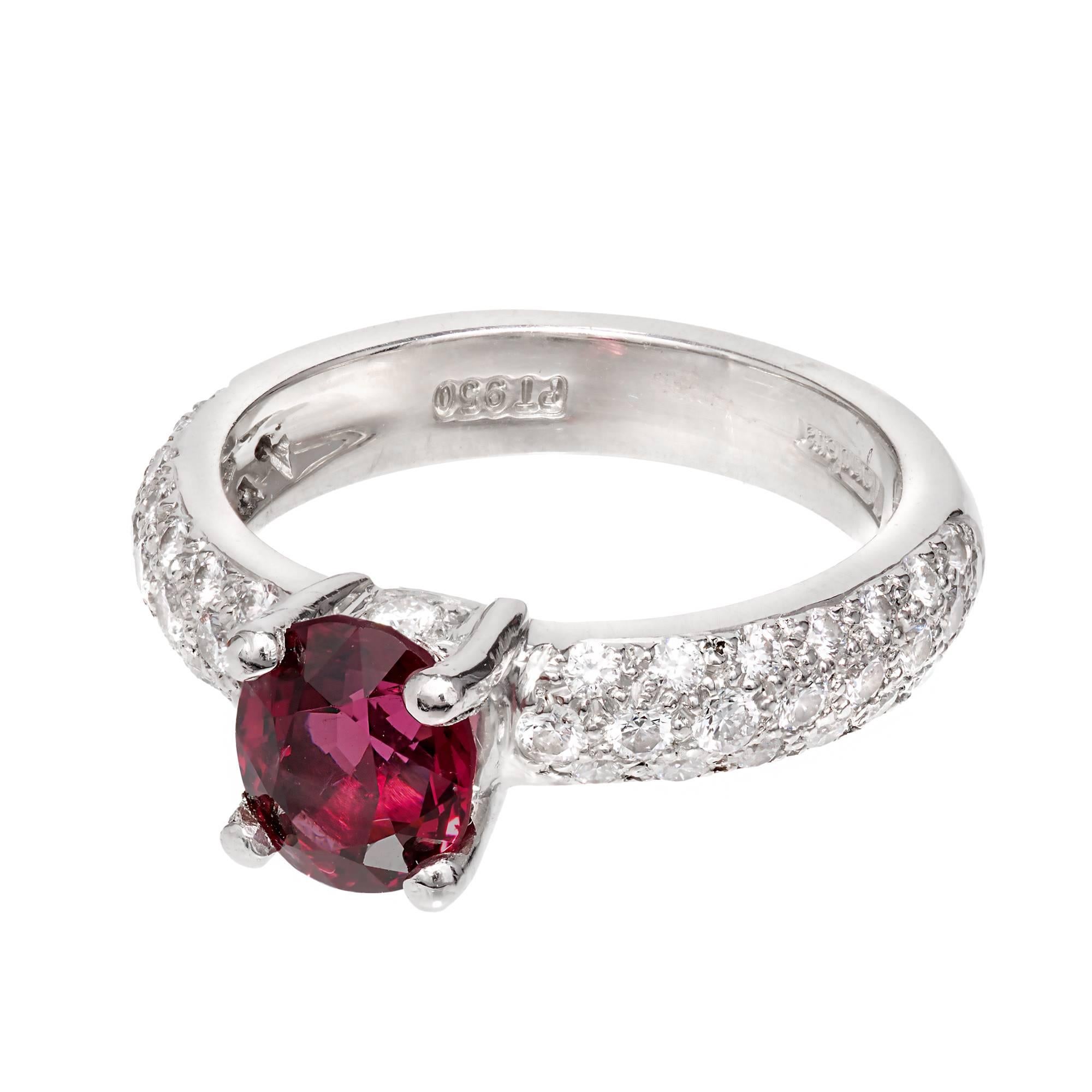 Bright red natural GIA certified Spinel in a beautiful Mondera pave set Platinum Diamond engagement ring.

1 oval purplish red Spinel, approx. total weight 1.59cts, SI, 7.45 x 6.32 x 4.75mm, GIA certificate #1186118061
46 round full cut Diamonds,