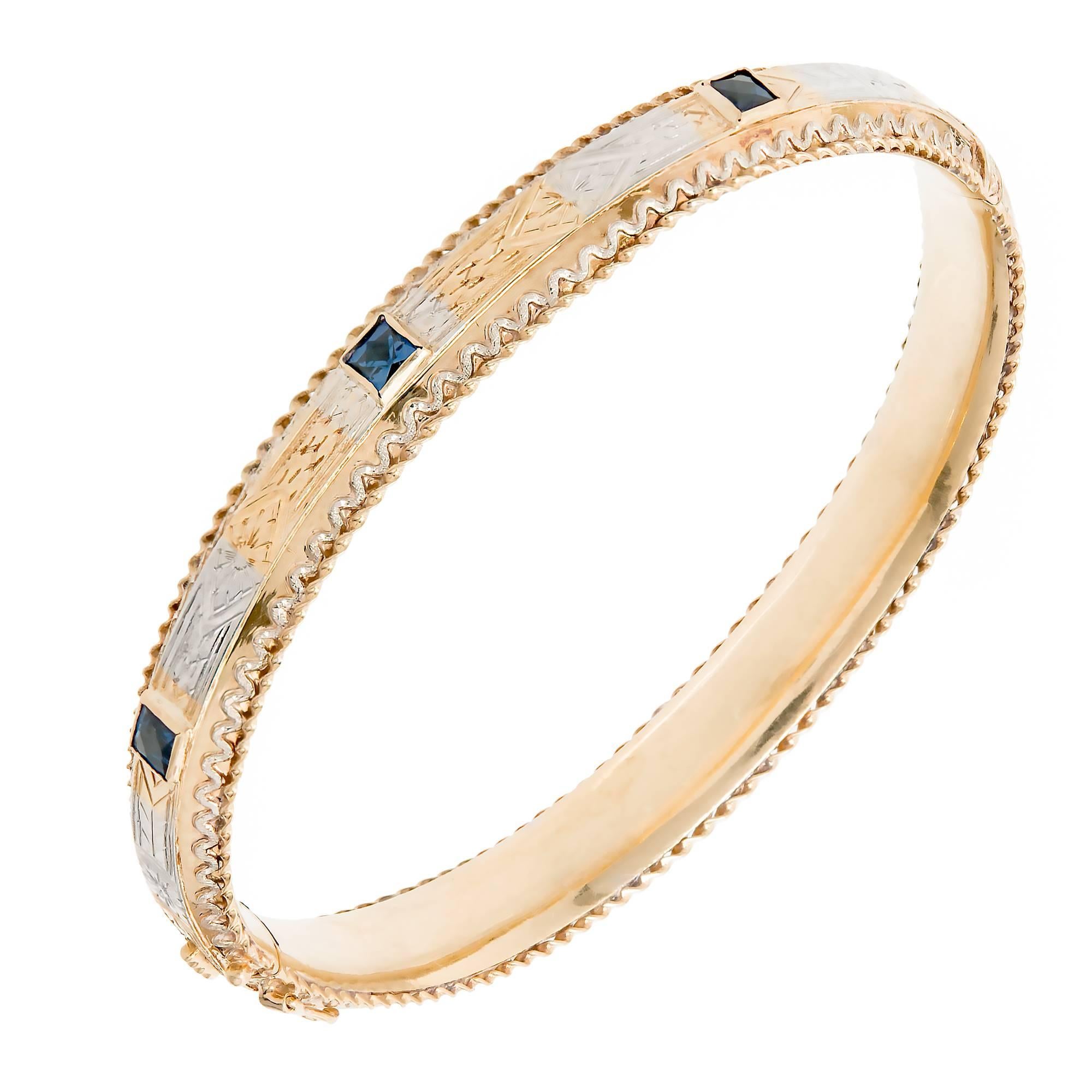 Sapphire Gold Hand Engraved Bangle Bracelet  
